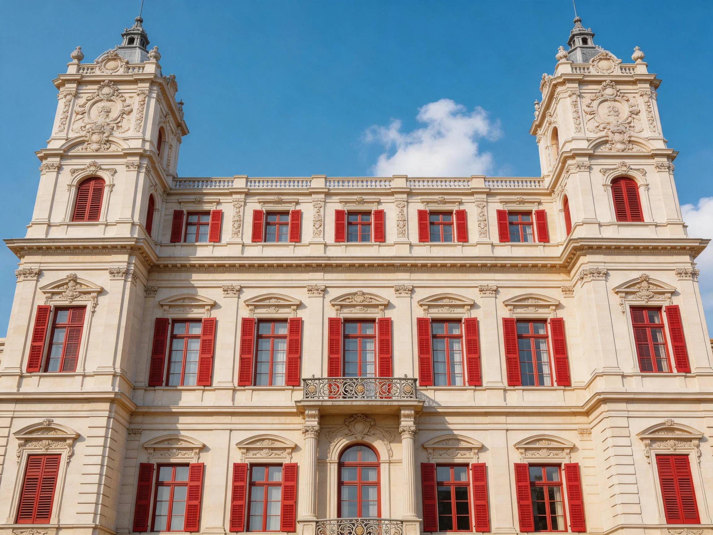A grand historic building with red shutters and ornate towers