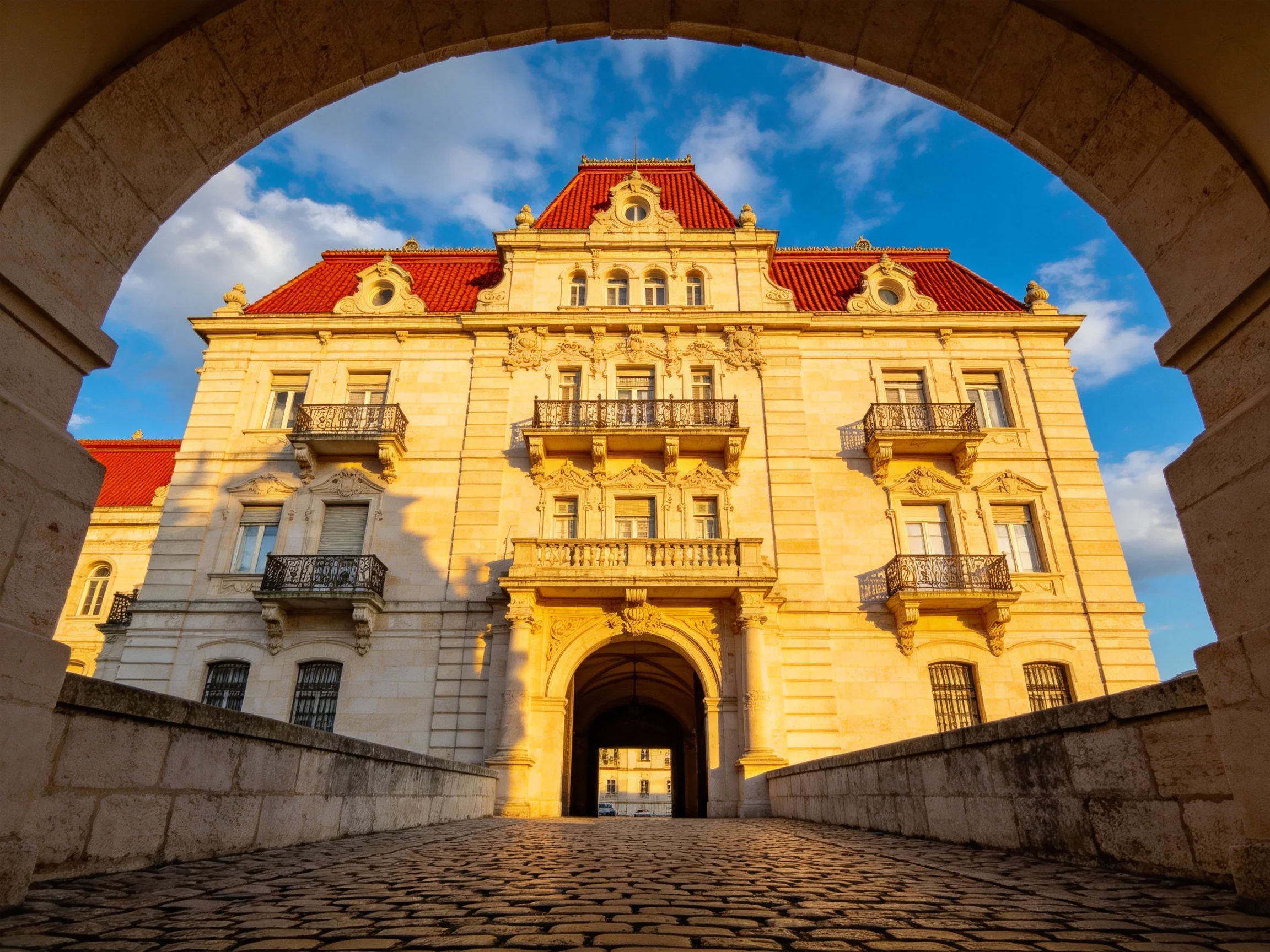 A grand historic building with red-tiled roof and stone archway