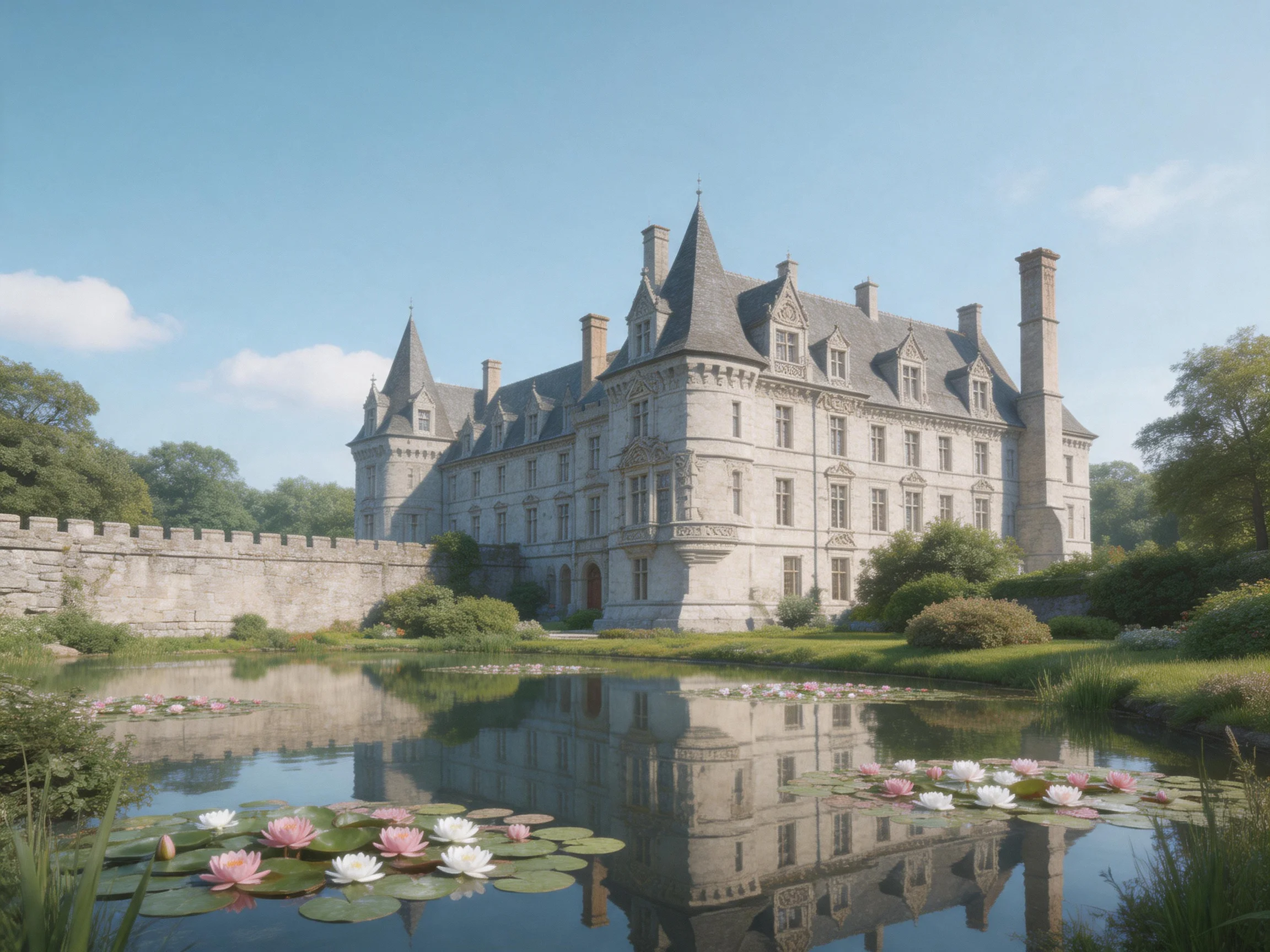 A grand historic castle near a serene pond with pink and white water lilies