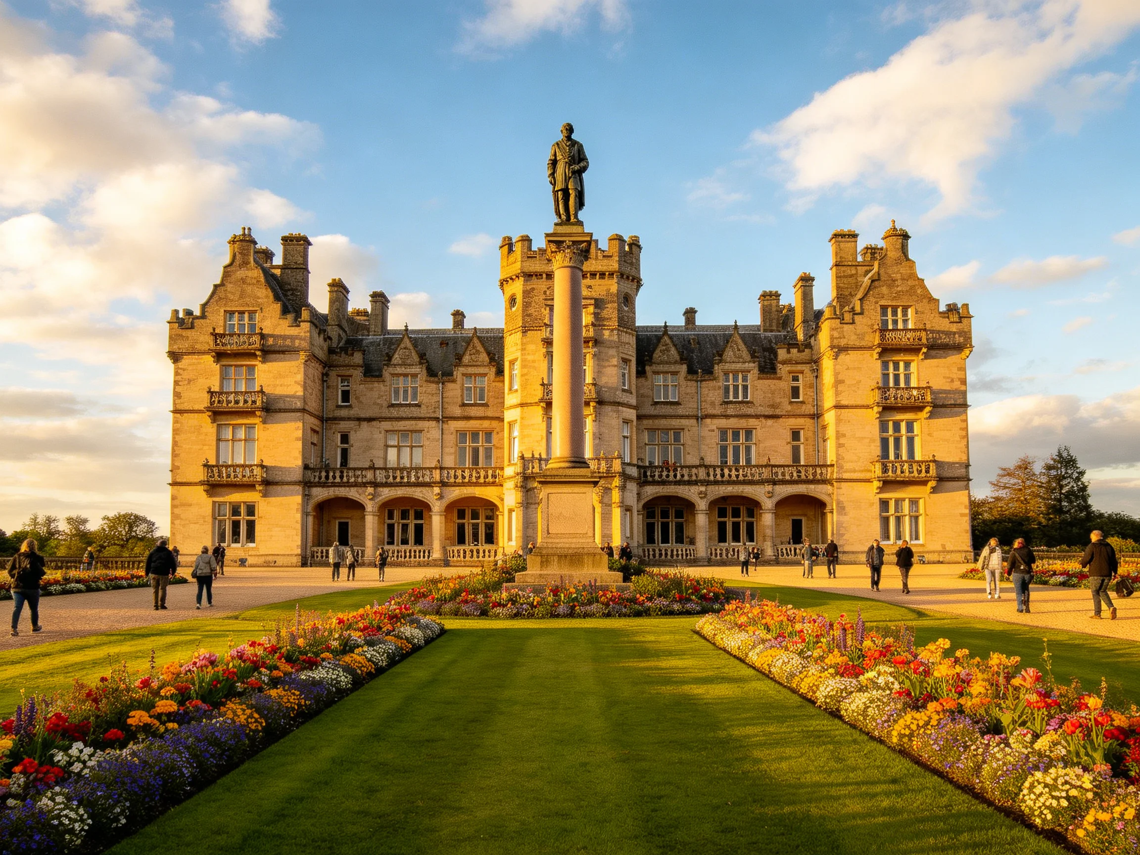 A grand historic castle with a central statue and vibrant flower beds
