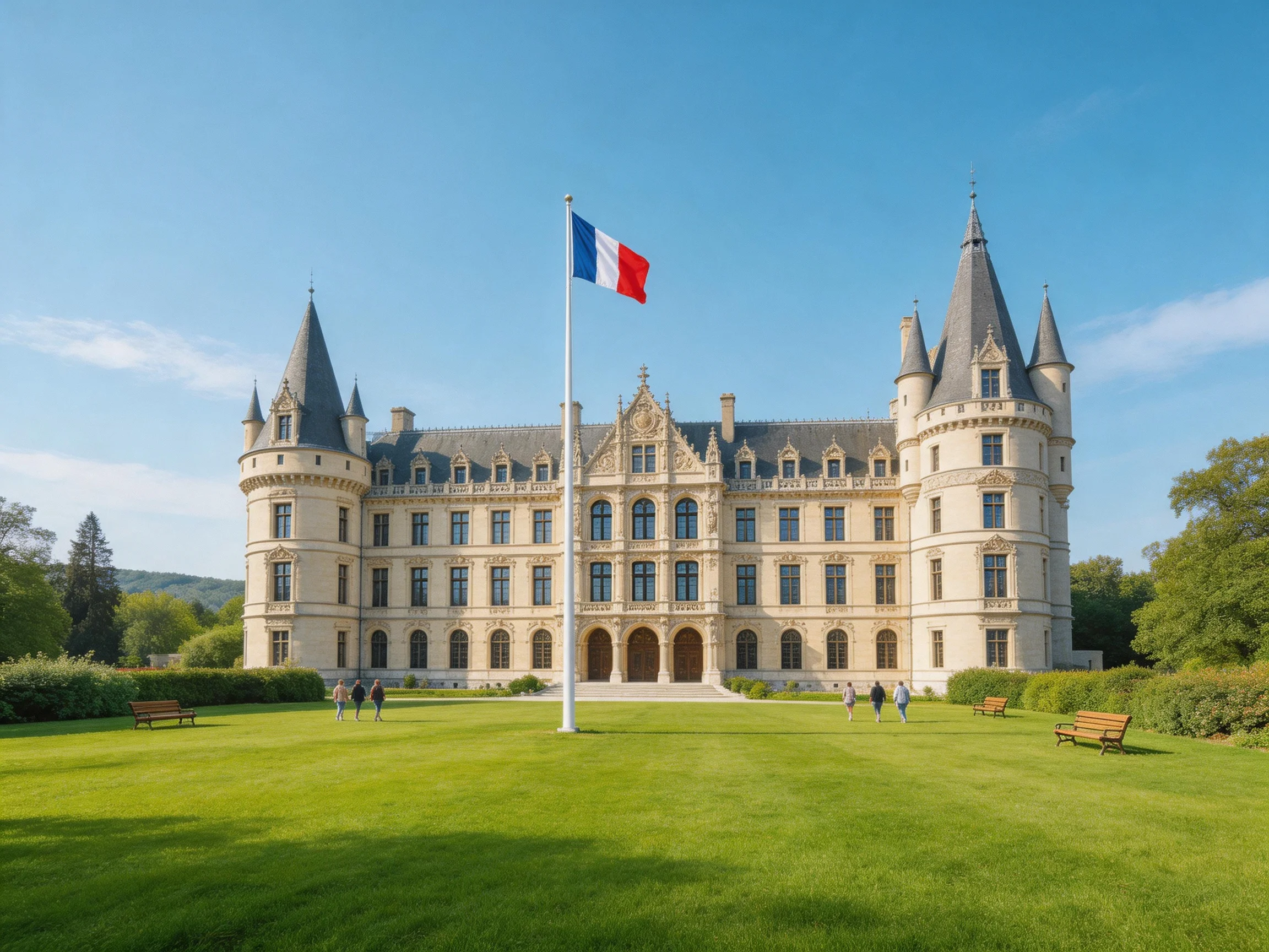 A grand historic chateau with a French flag and expansive green lawn