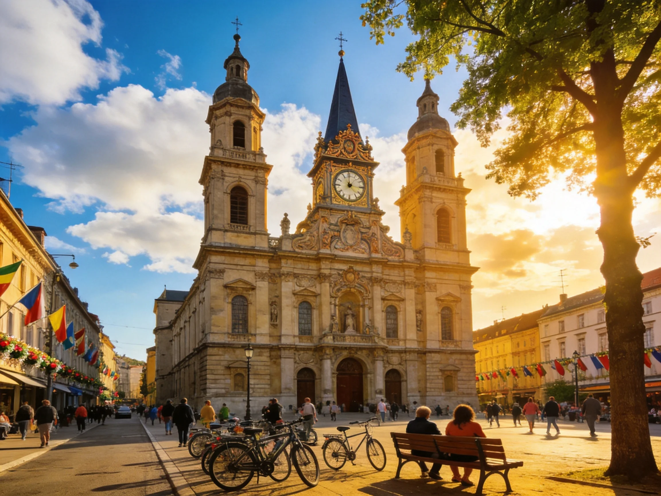 A grand historic church in a bustling town square at sunset