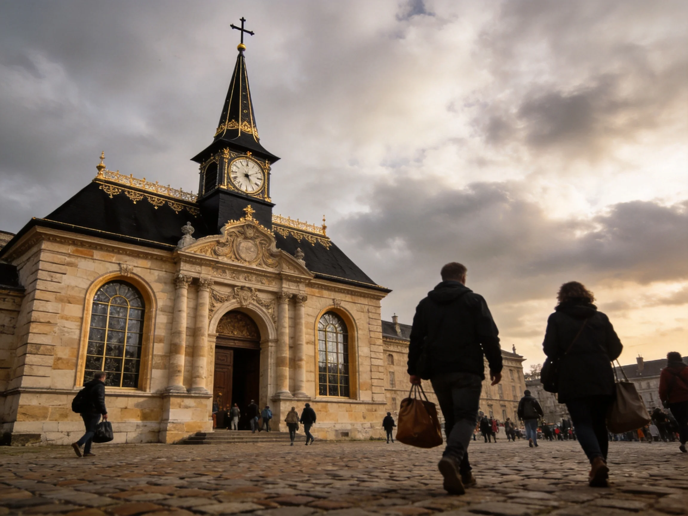 A grand historic church with ornate clock tower and cobblestone plaza