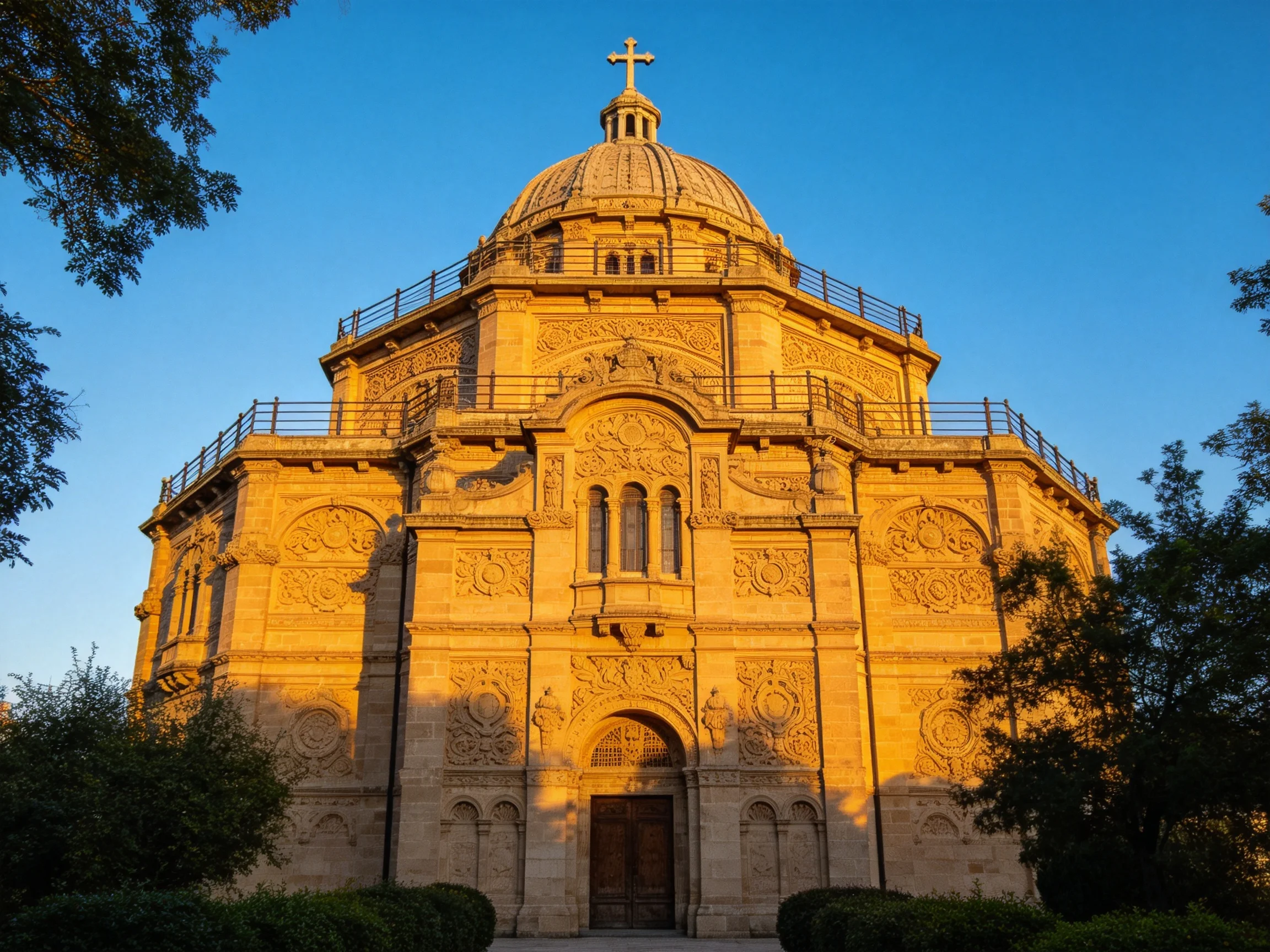 A grand historic church with ornate stone carvings and golden sunlight
