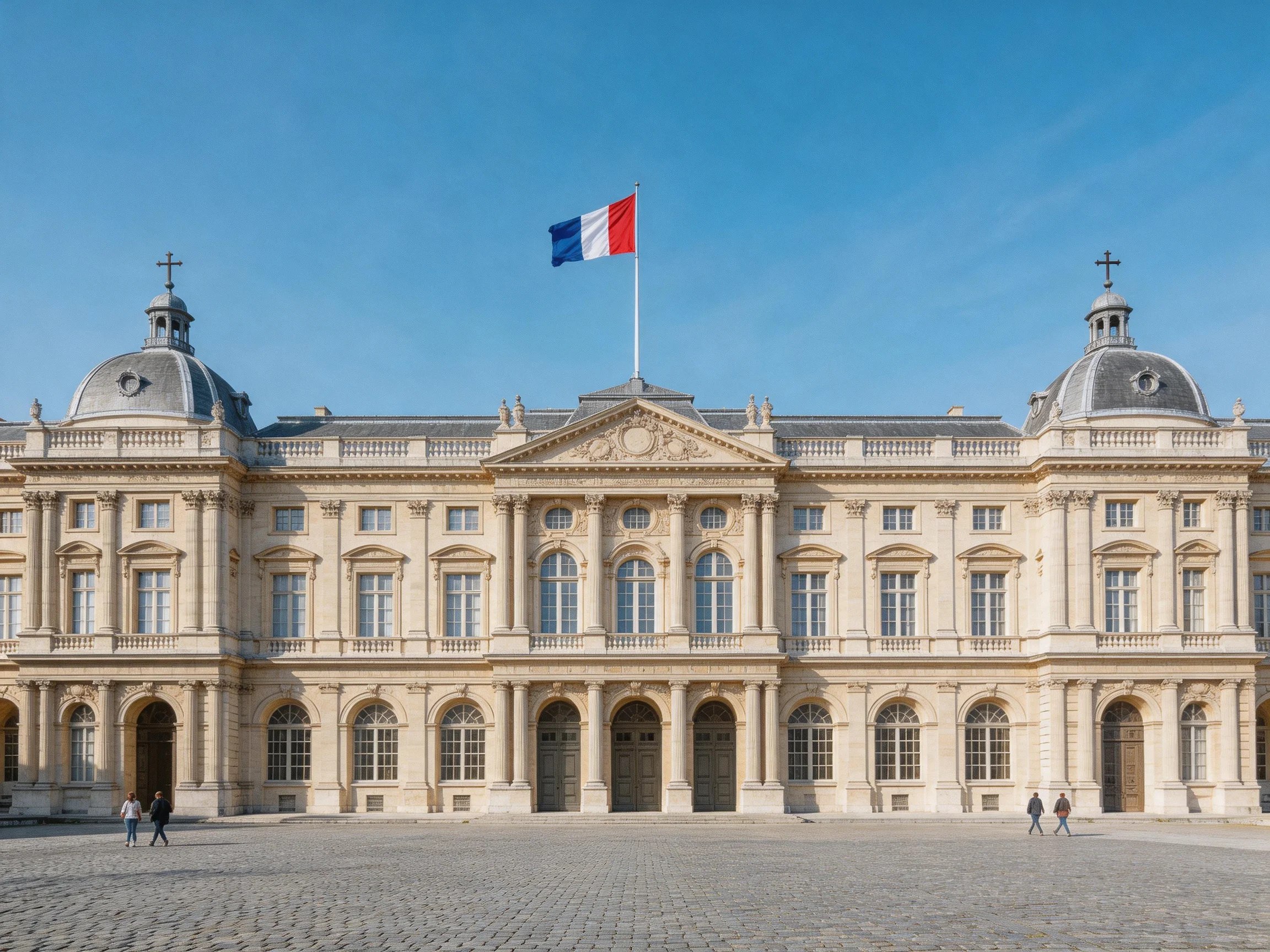 A grand historic palace with a French flag atop its facade