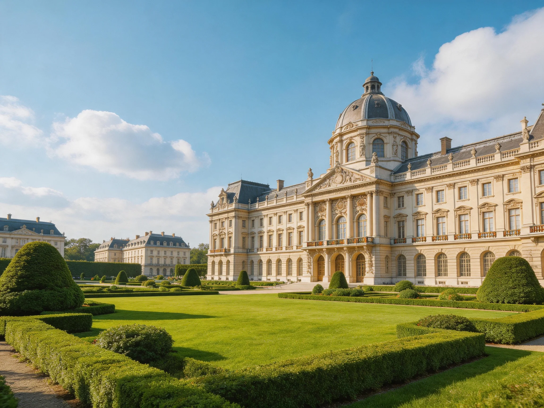 A grand historic palace with beige facade near manicured gardens