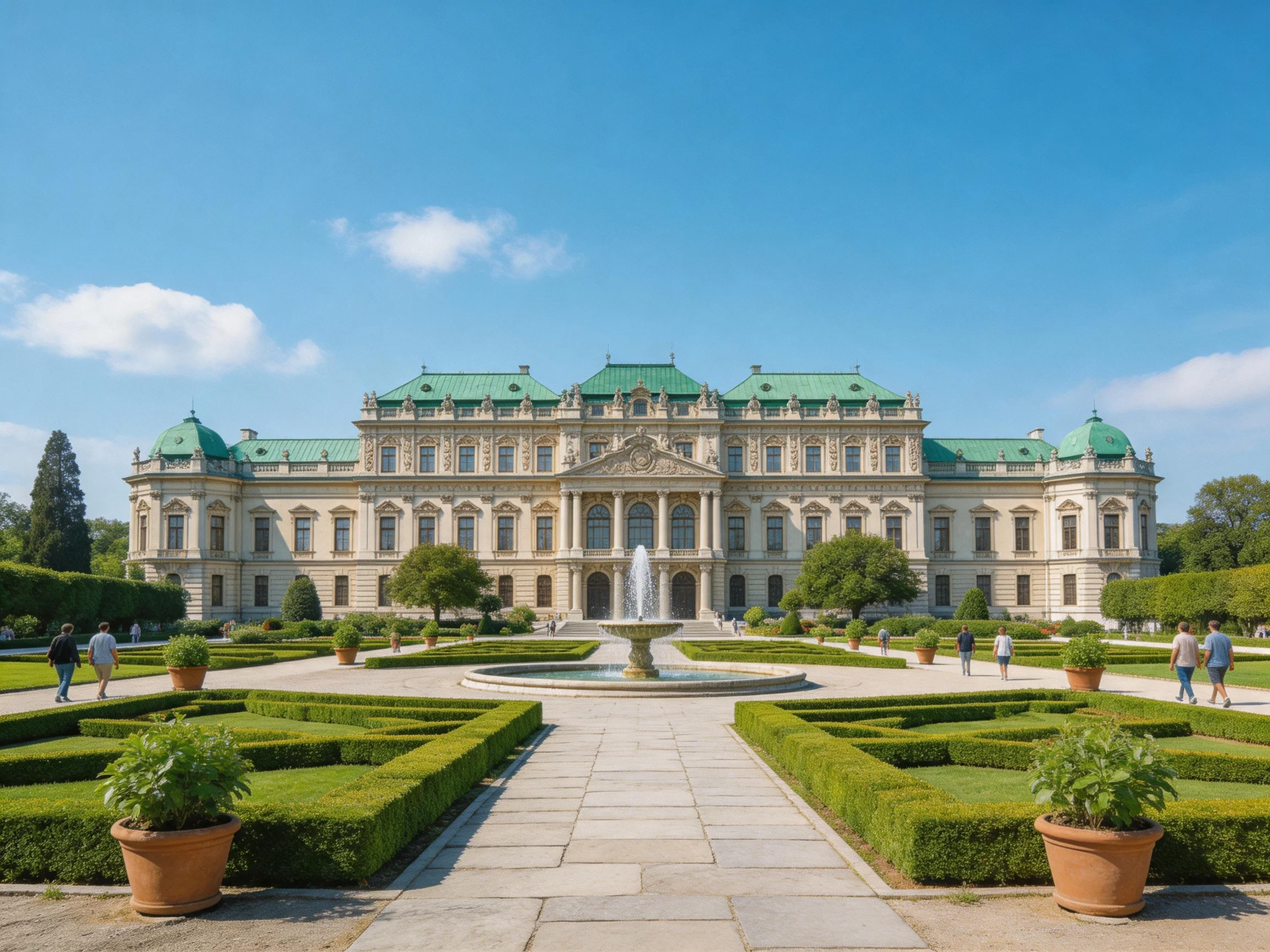A grand historic palace with green domed roofs and formal gardens