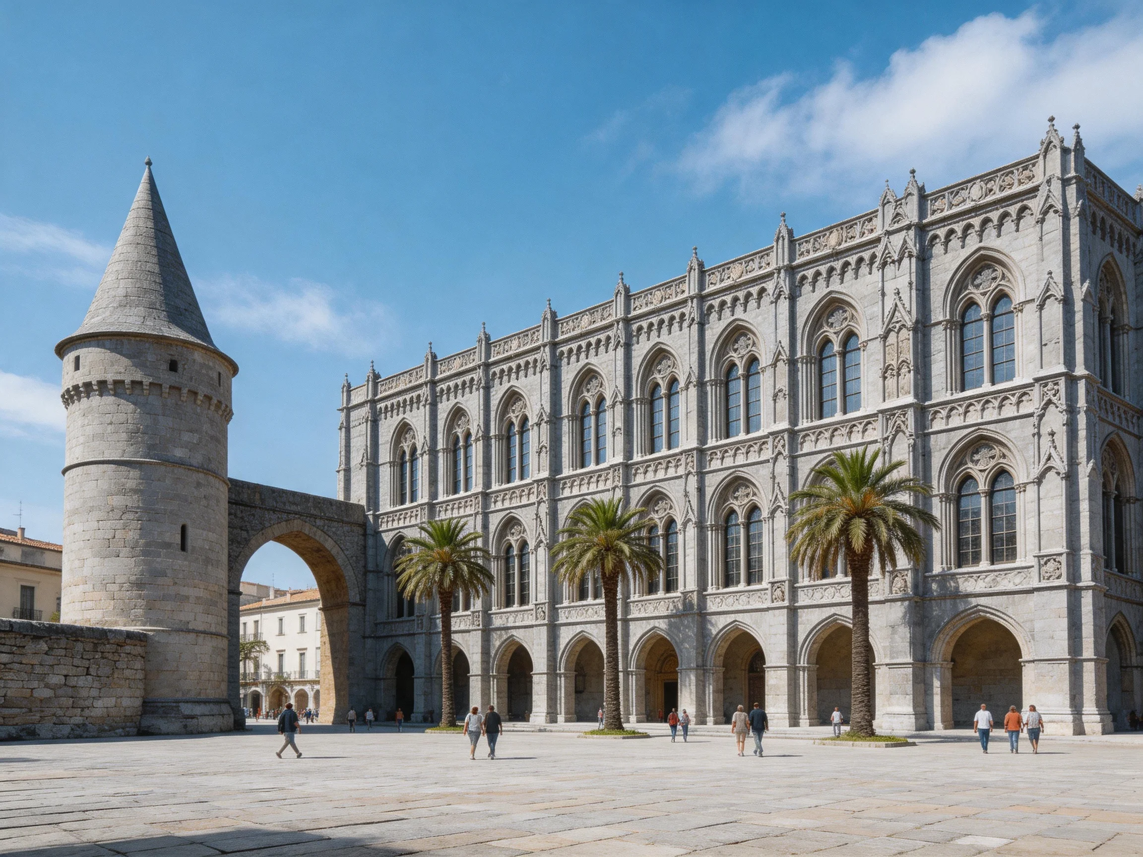 A grand historic stone building with Gothic architecture beside a medieval tower