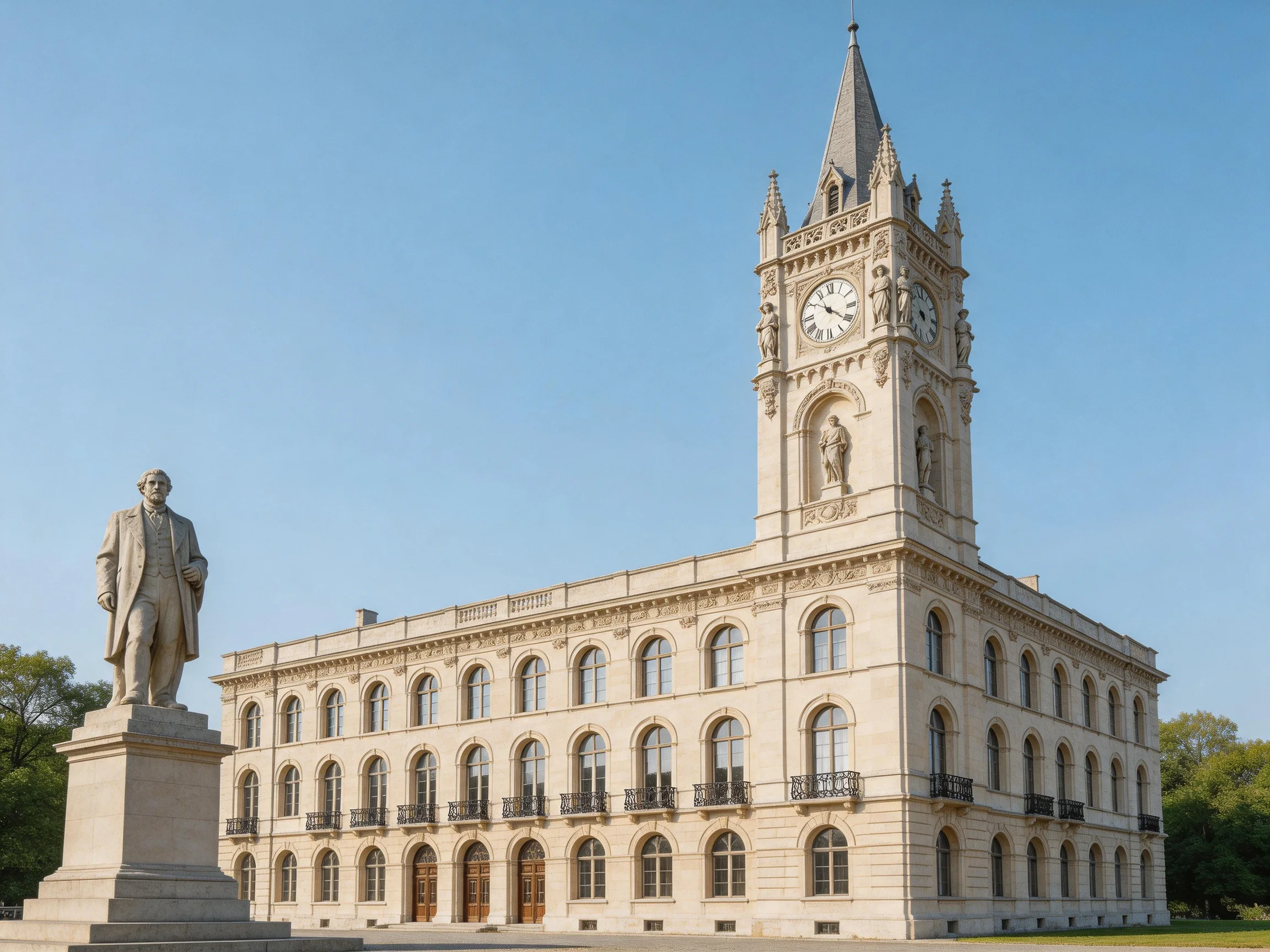 A grand historic stone building with a clock tower and statue