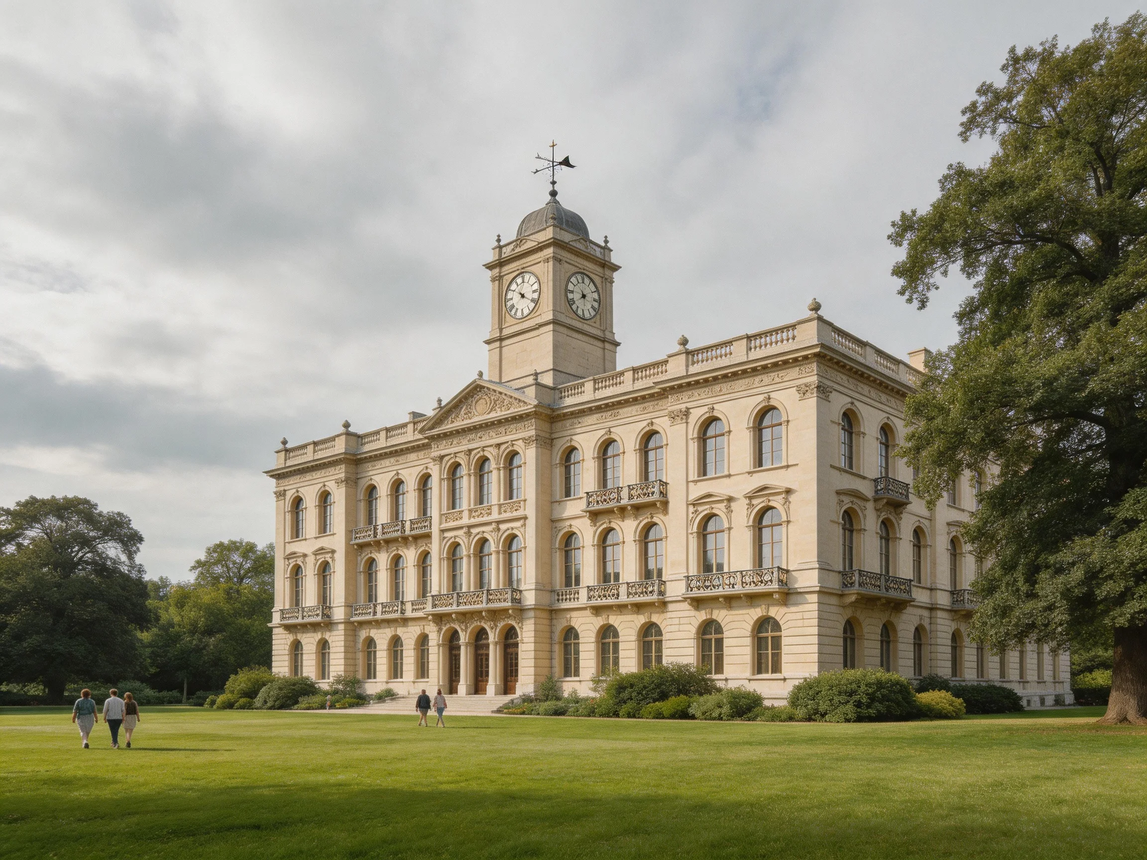A grand historic stone building with a clock tower near lush green lawns