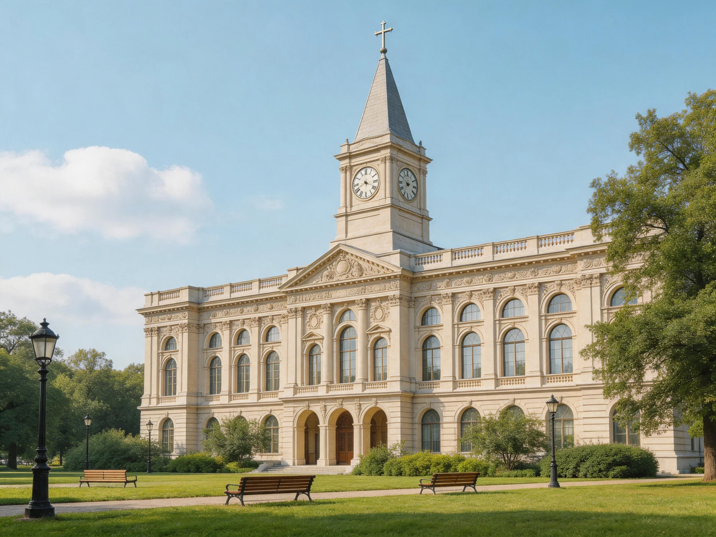 A grand historic stone building with a clock tower near lush greenery