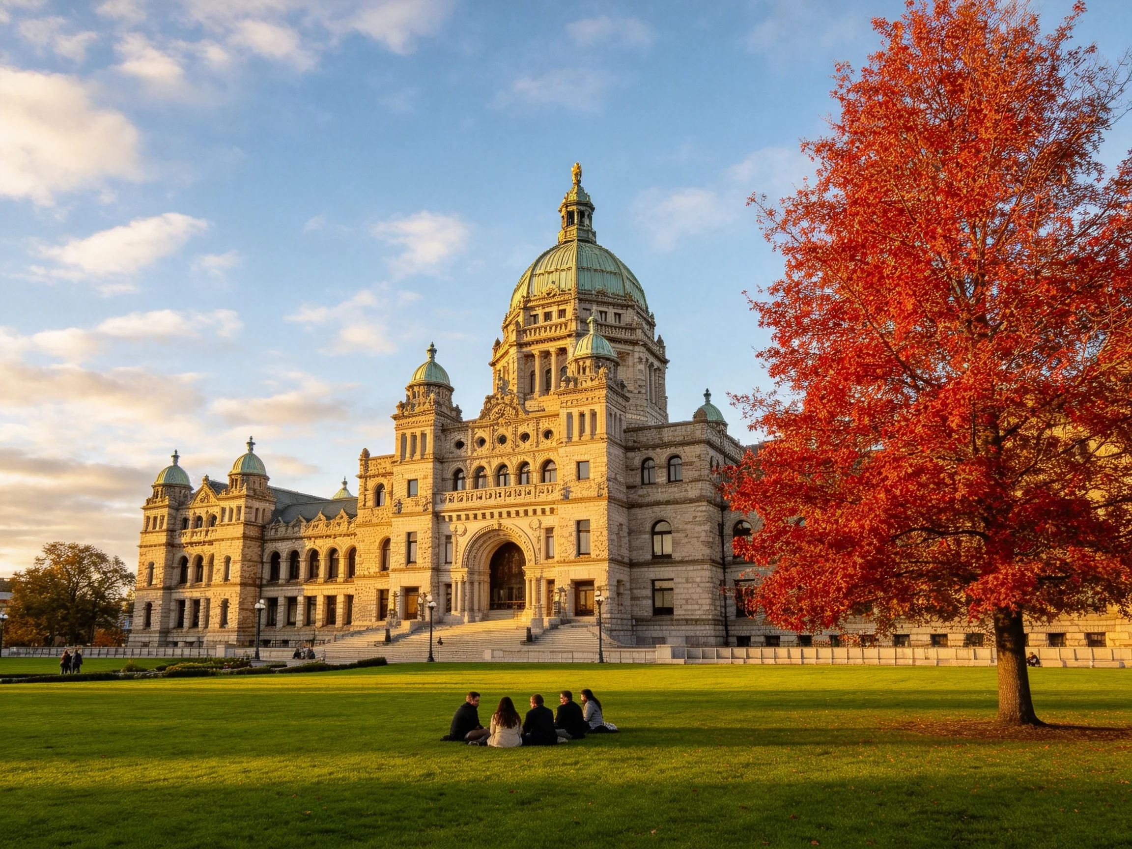 A grand historic stone building with a vibrant red maple tree nearby