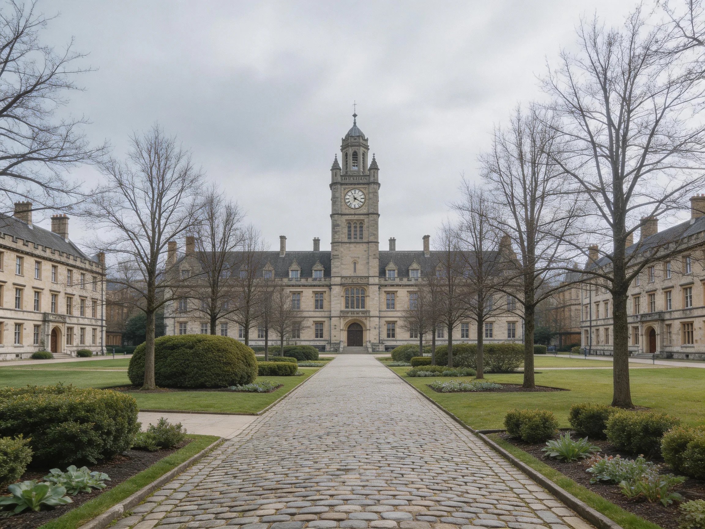 A grand historic stone building with clock tower in a cobblestone courtyard