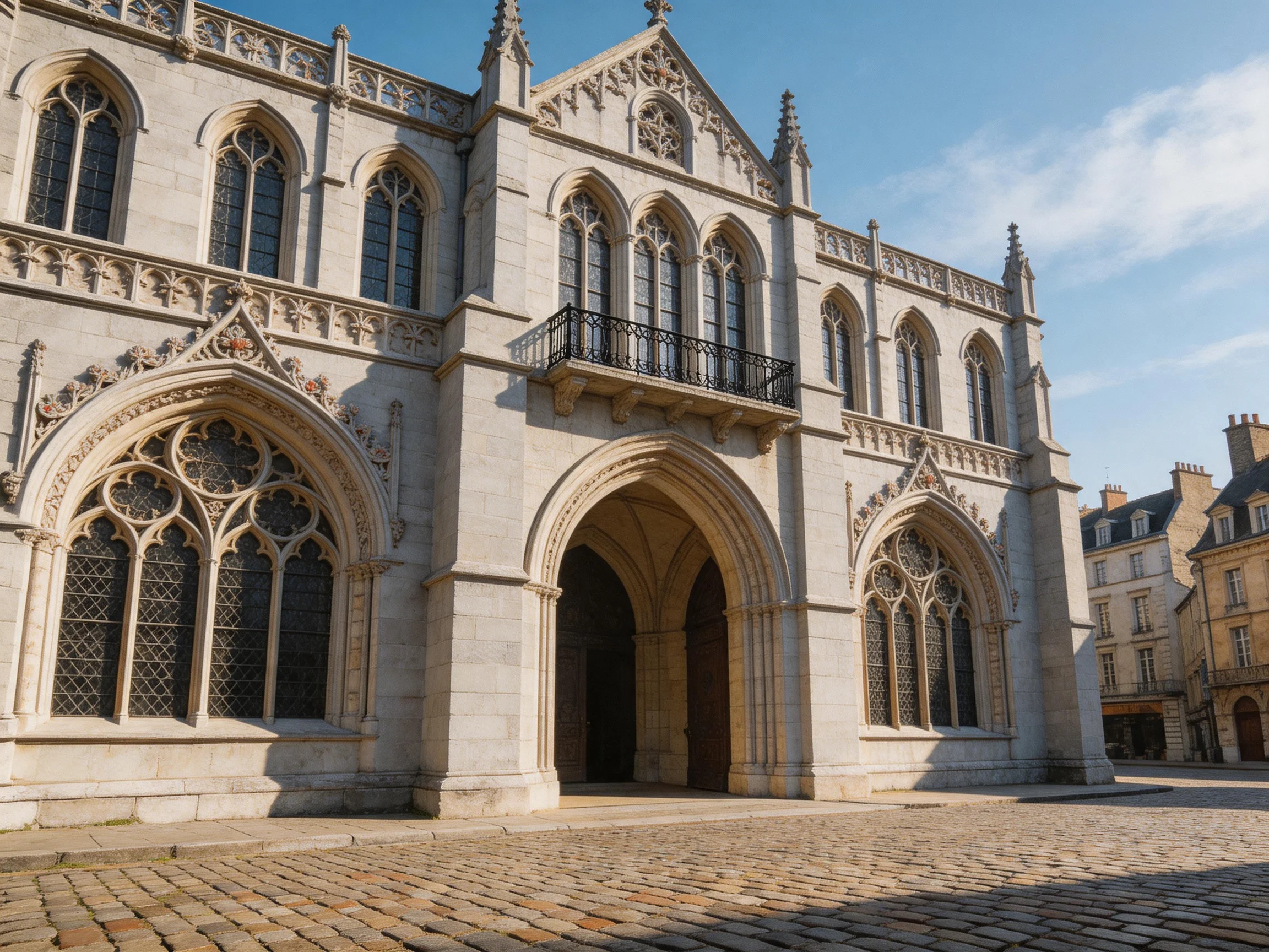 A grand historic stone building with ornate arches and cobblestone plaza