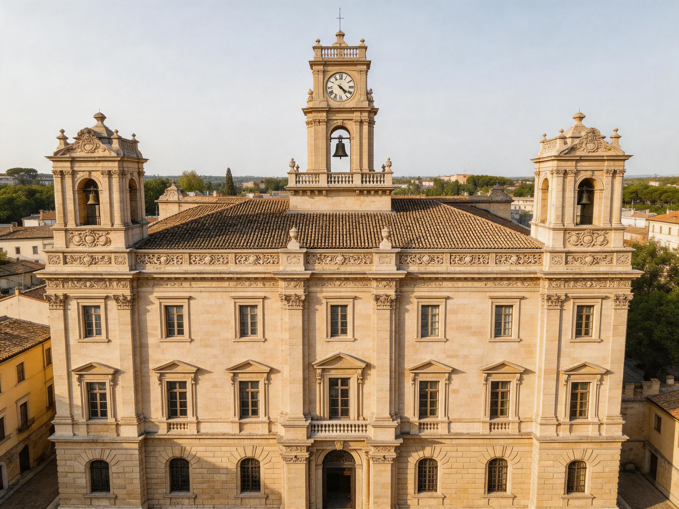 A grand historic stone building with ornate carvings and a central clock tower