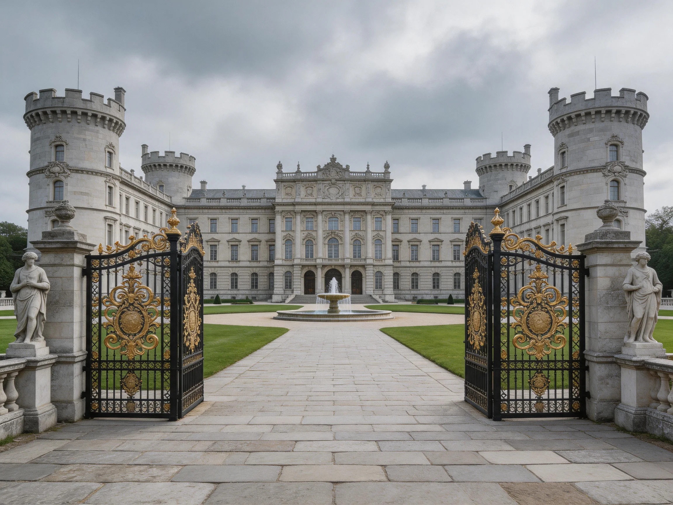 A grand historic stone mansion with ornate black-gold gates