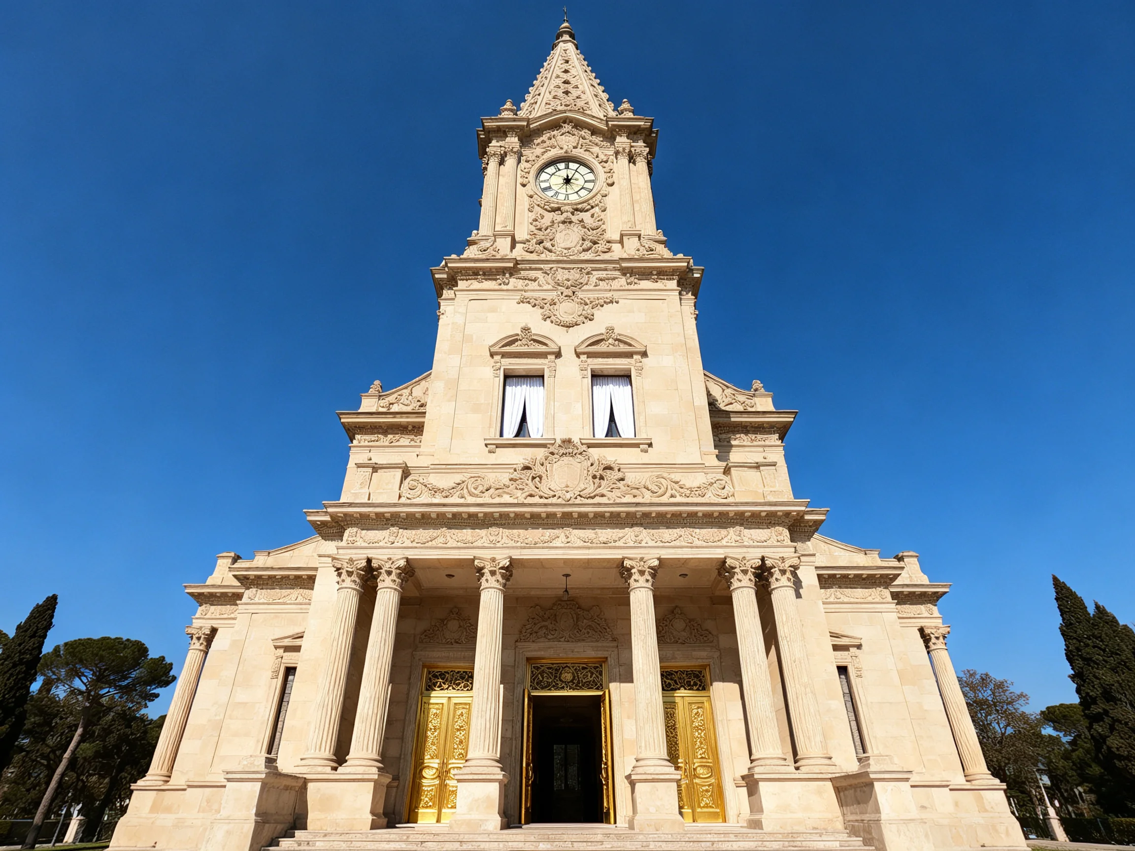 A grand historic stone tower with ornate carvings and golden doors