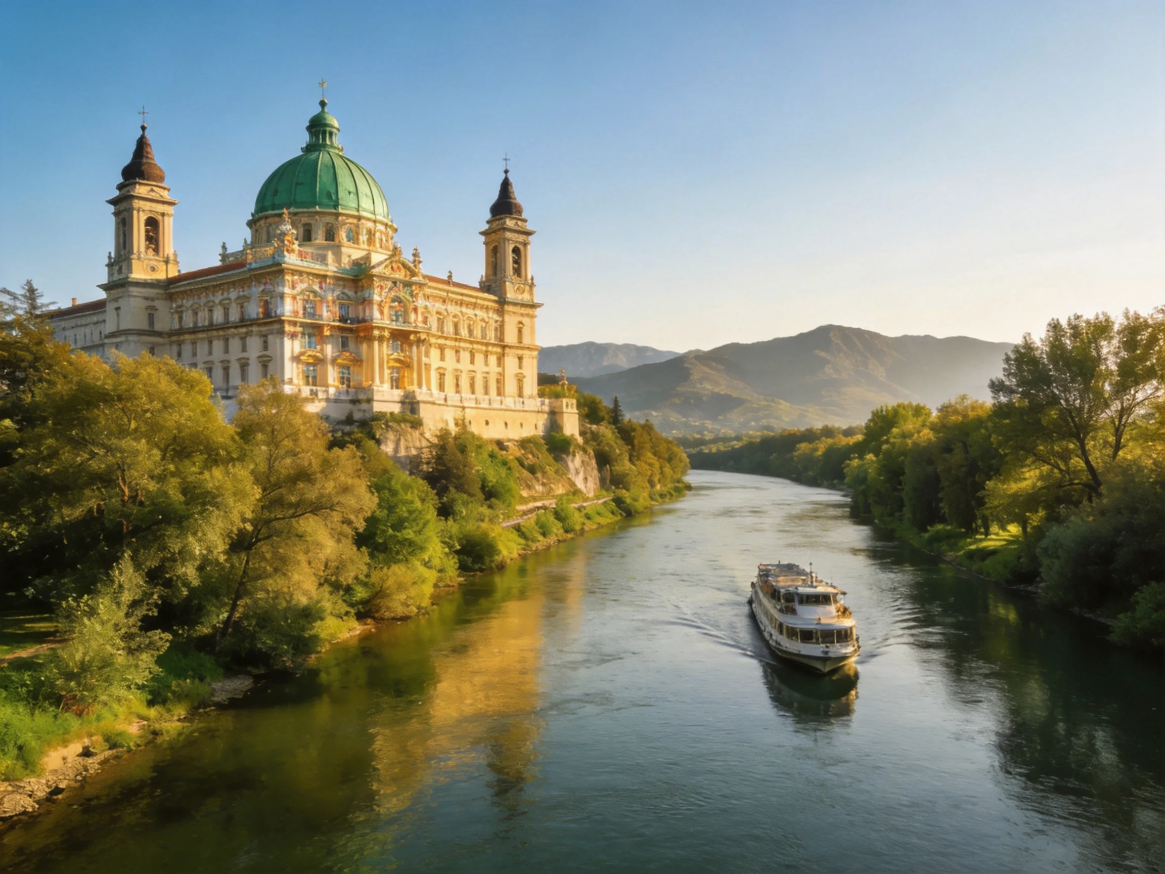A grand historical building with a green dome overlooks a river with a boat
