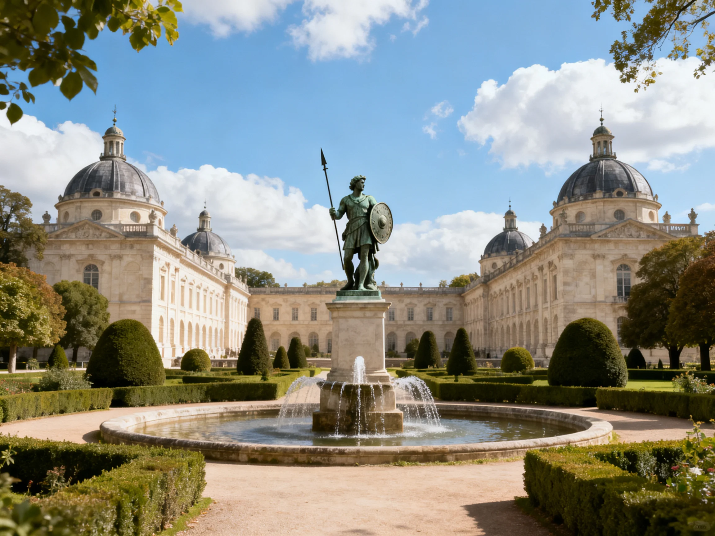 A grand historical building with domed architecture near a central fountain