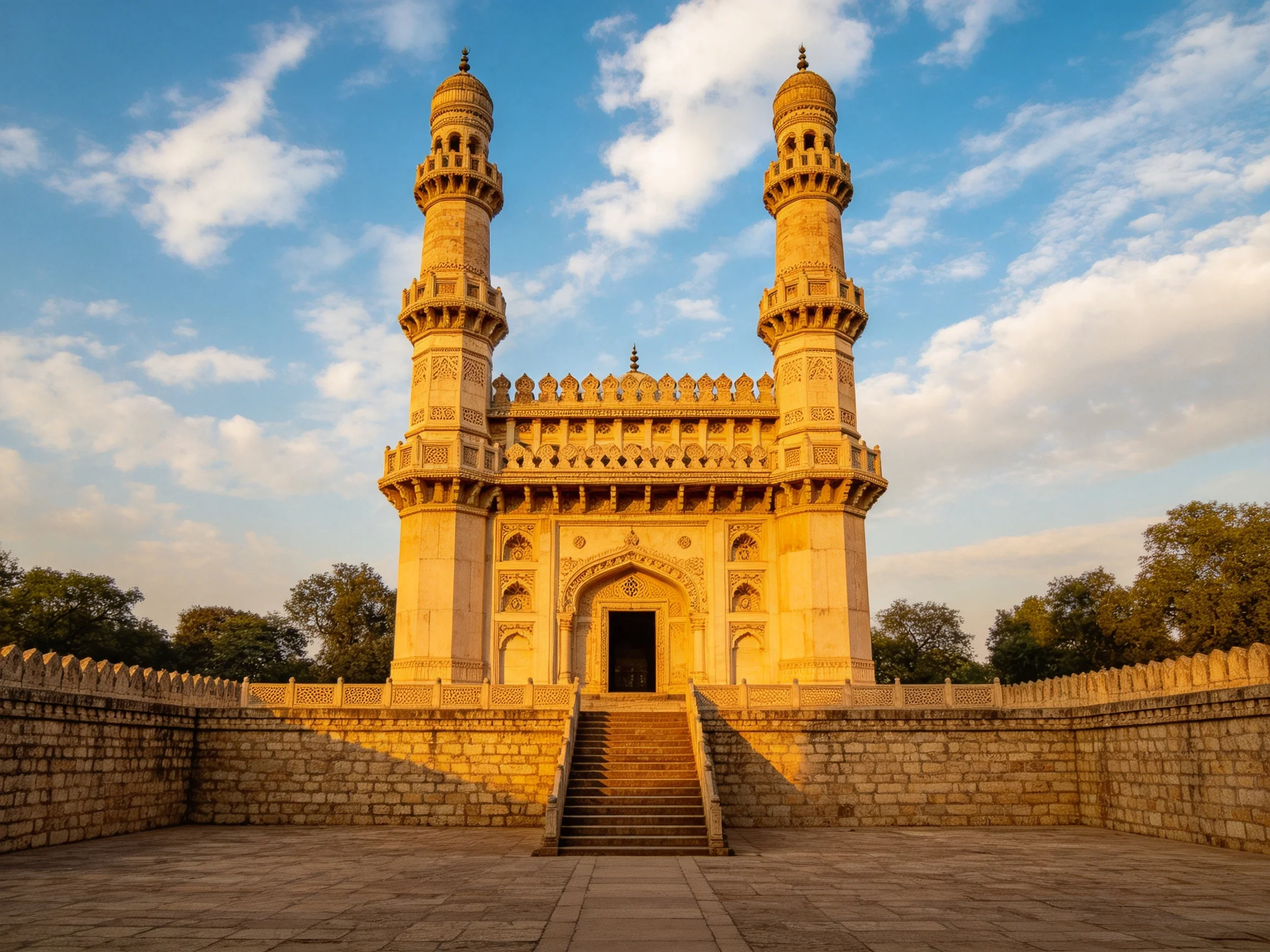 A grand historical monument with twin minarets and golden stone