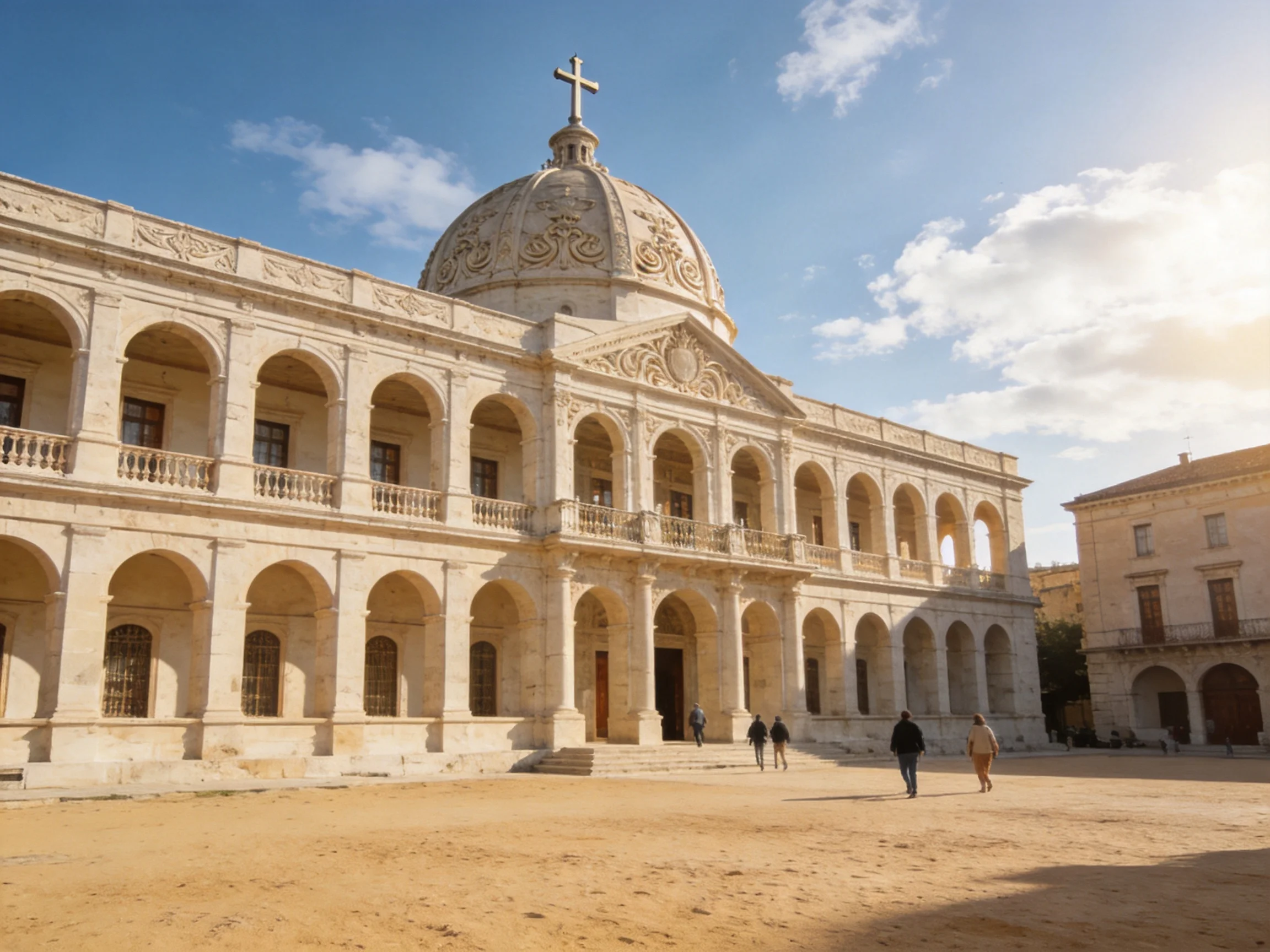 A grand historical stone building with a domed roof and cross