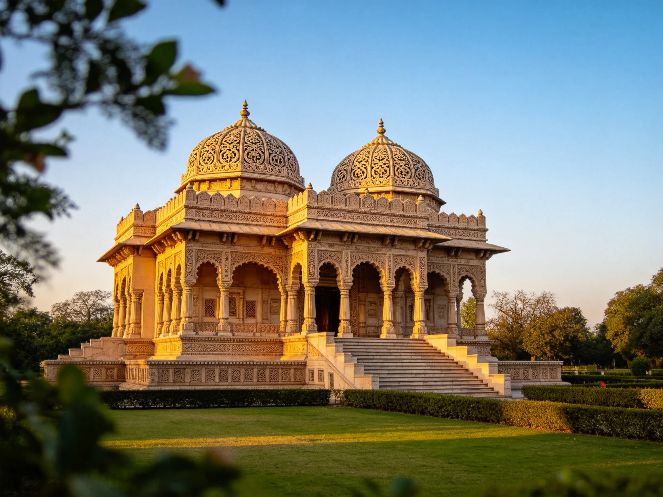 A grand intricately carved temple with two domes illuminated by golden light