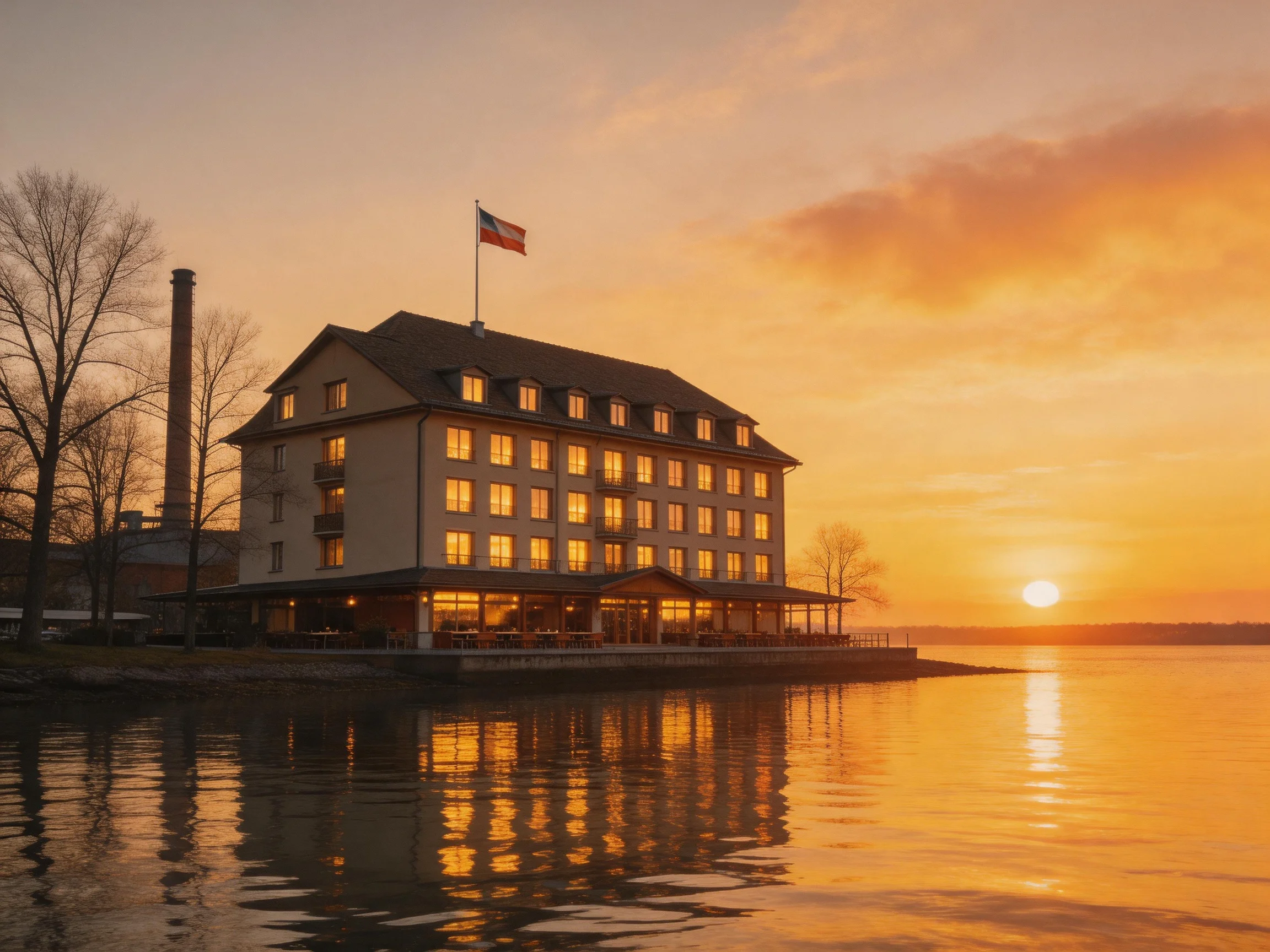 A grand lakeside hotel lit at sunset
