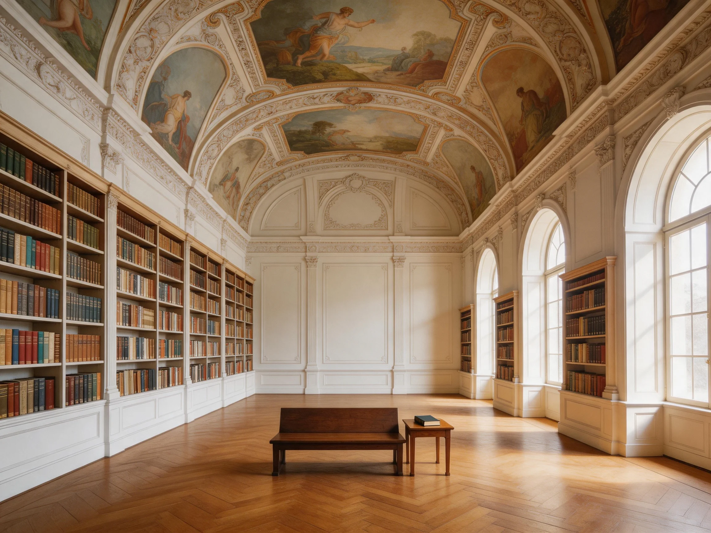 A grand library with white walls, herringbone floors, and ornate ceiling murals