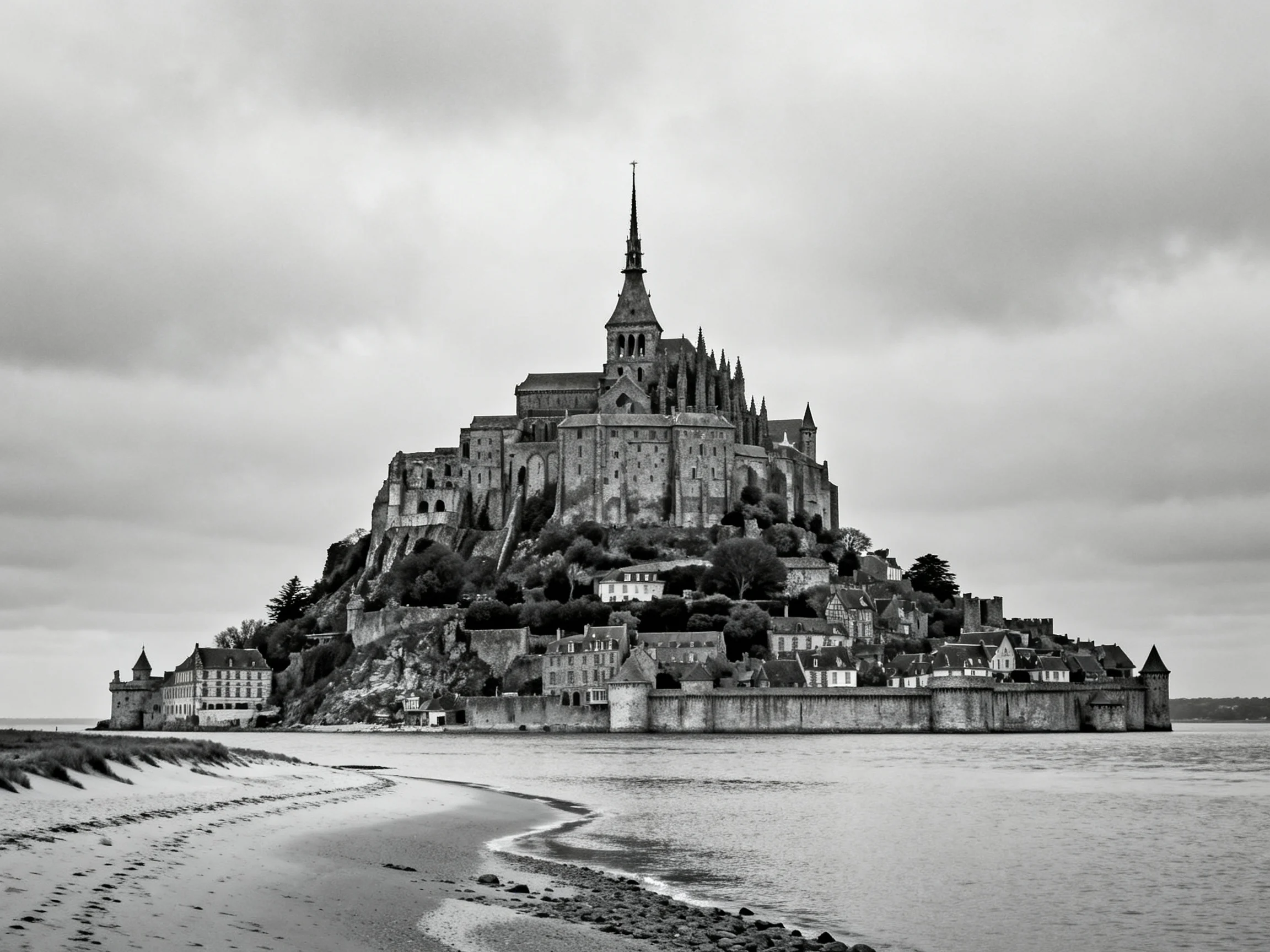 A grand medieval abbey atop a rocky tidal island
