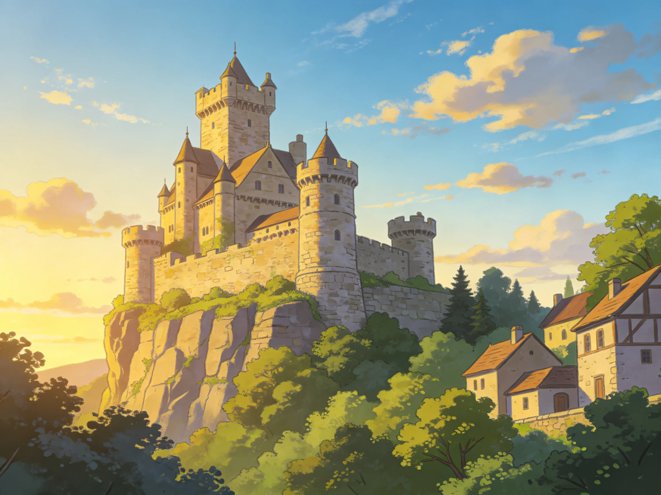 A grand medieval castle atop a rocky cliff near a village