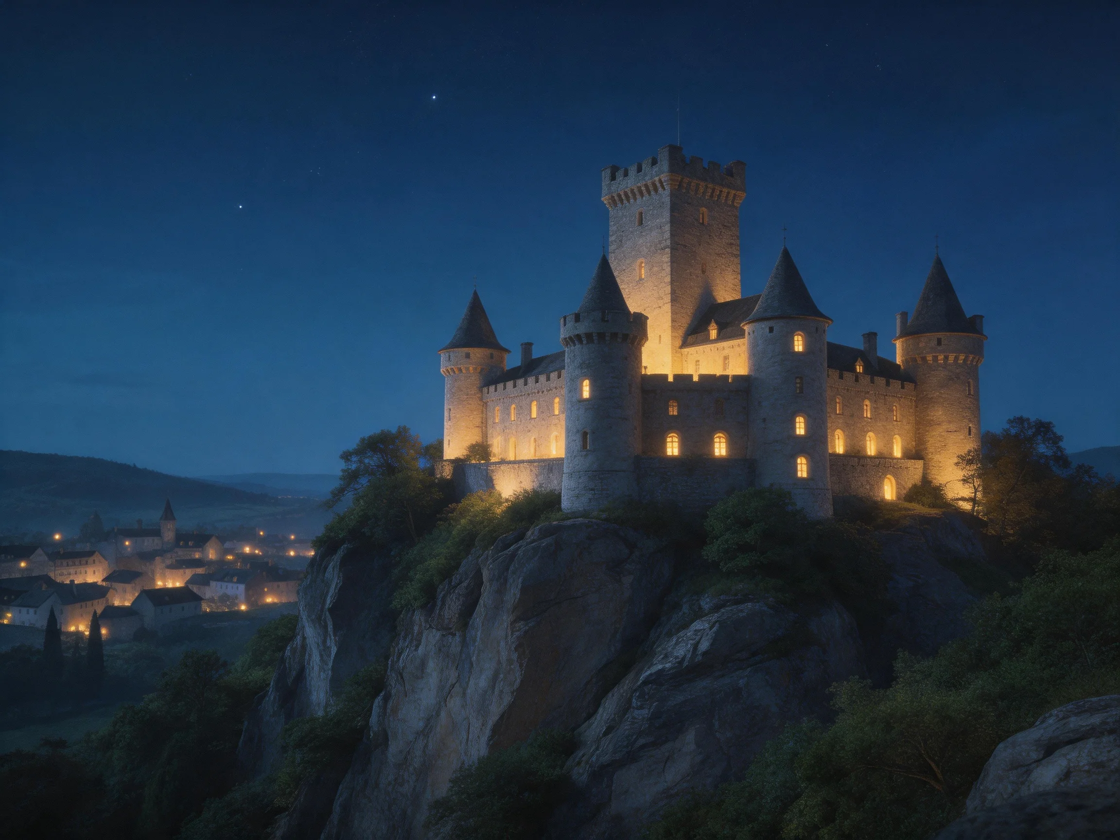 A grand medieval castle atop a rocky cliff under night sky