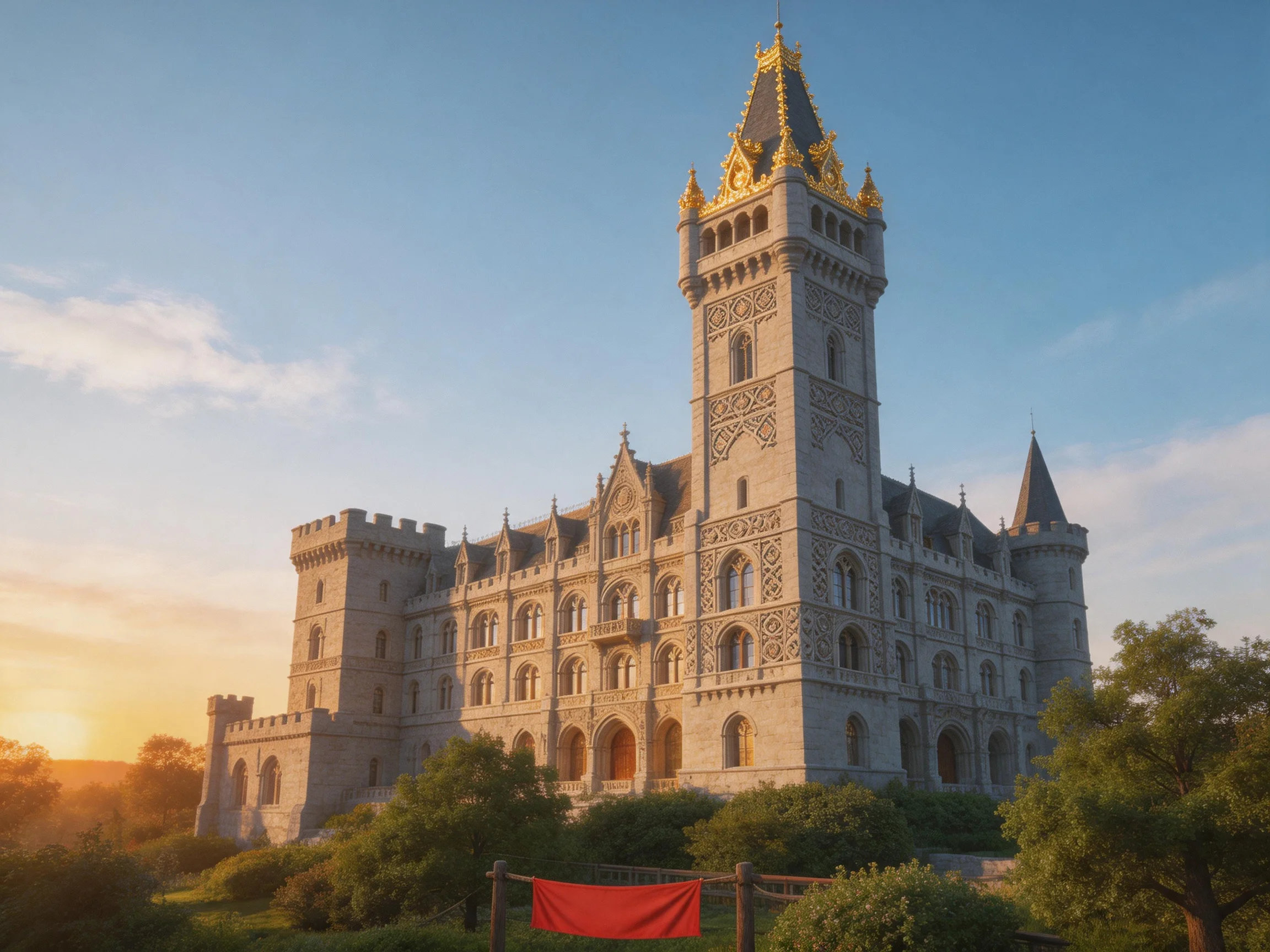 A grand medieval castle with golden tower and stone facade under evening light