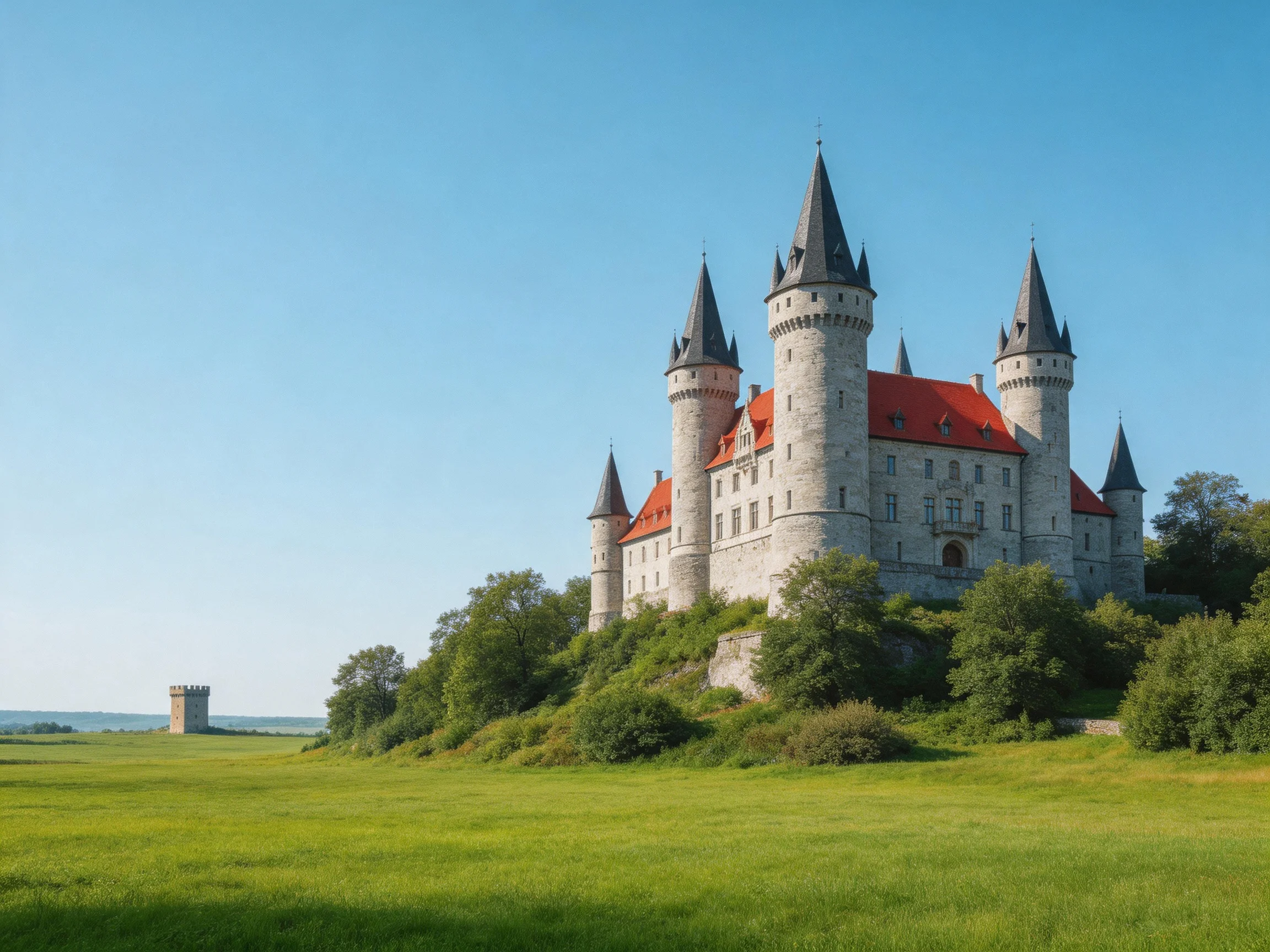 A grand medieval castle with red roofs and stone towers