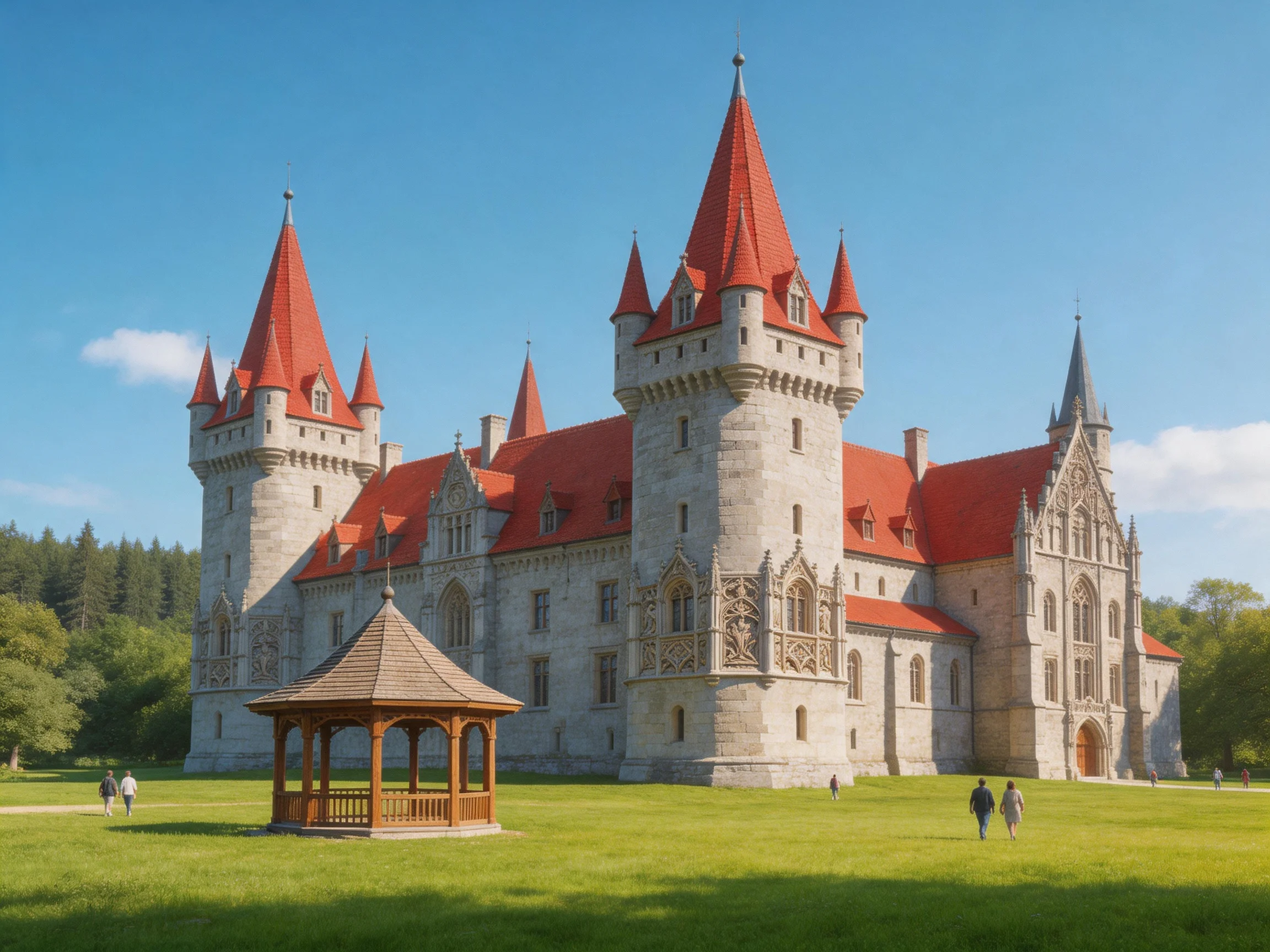 A grand medieval castle with red-tiled towers and stone walls