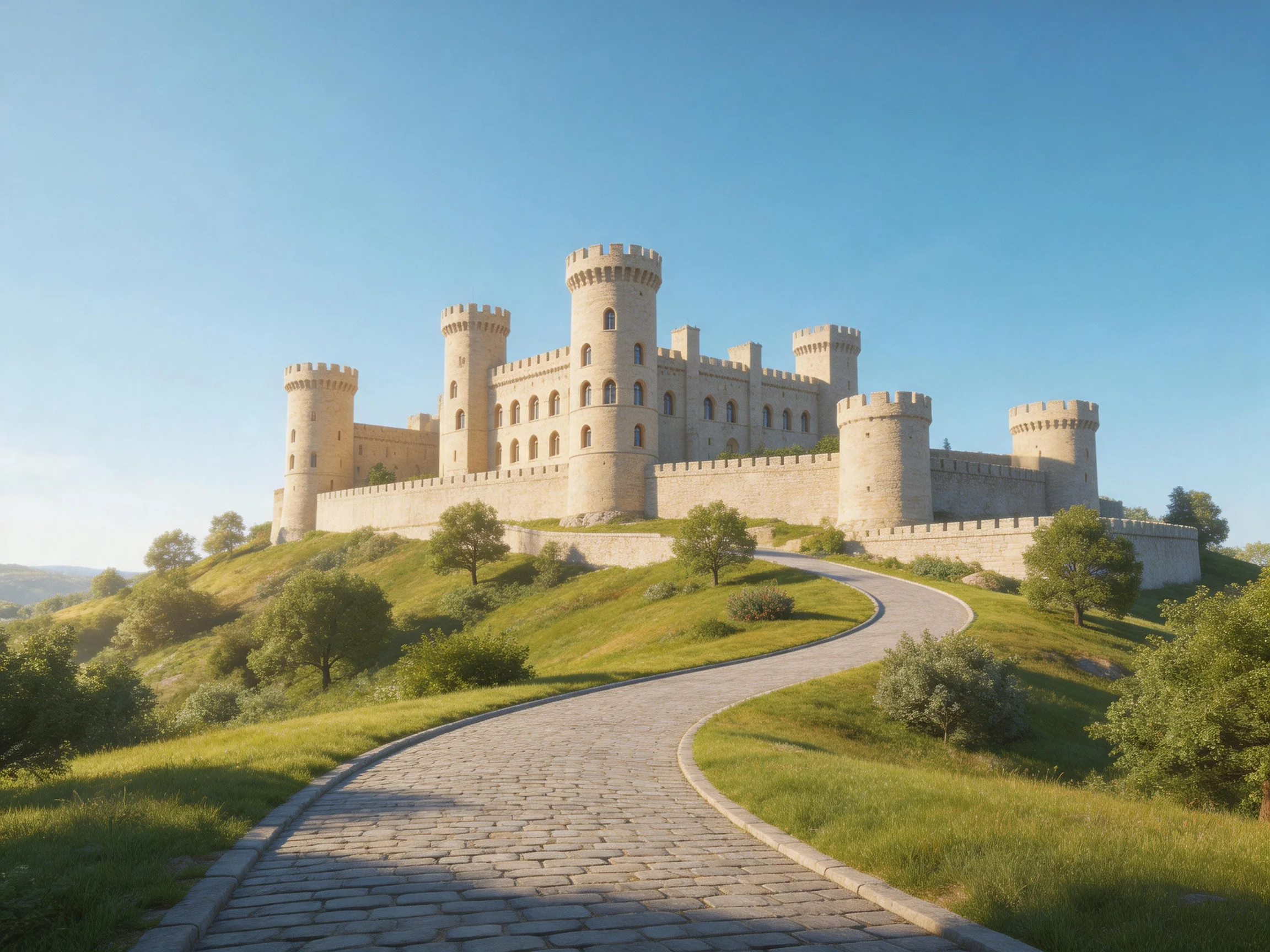 A grand medieval castle with six towers atop a lush hill