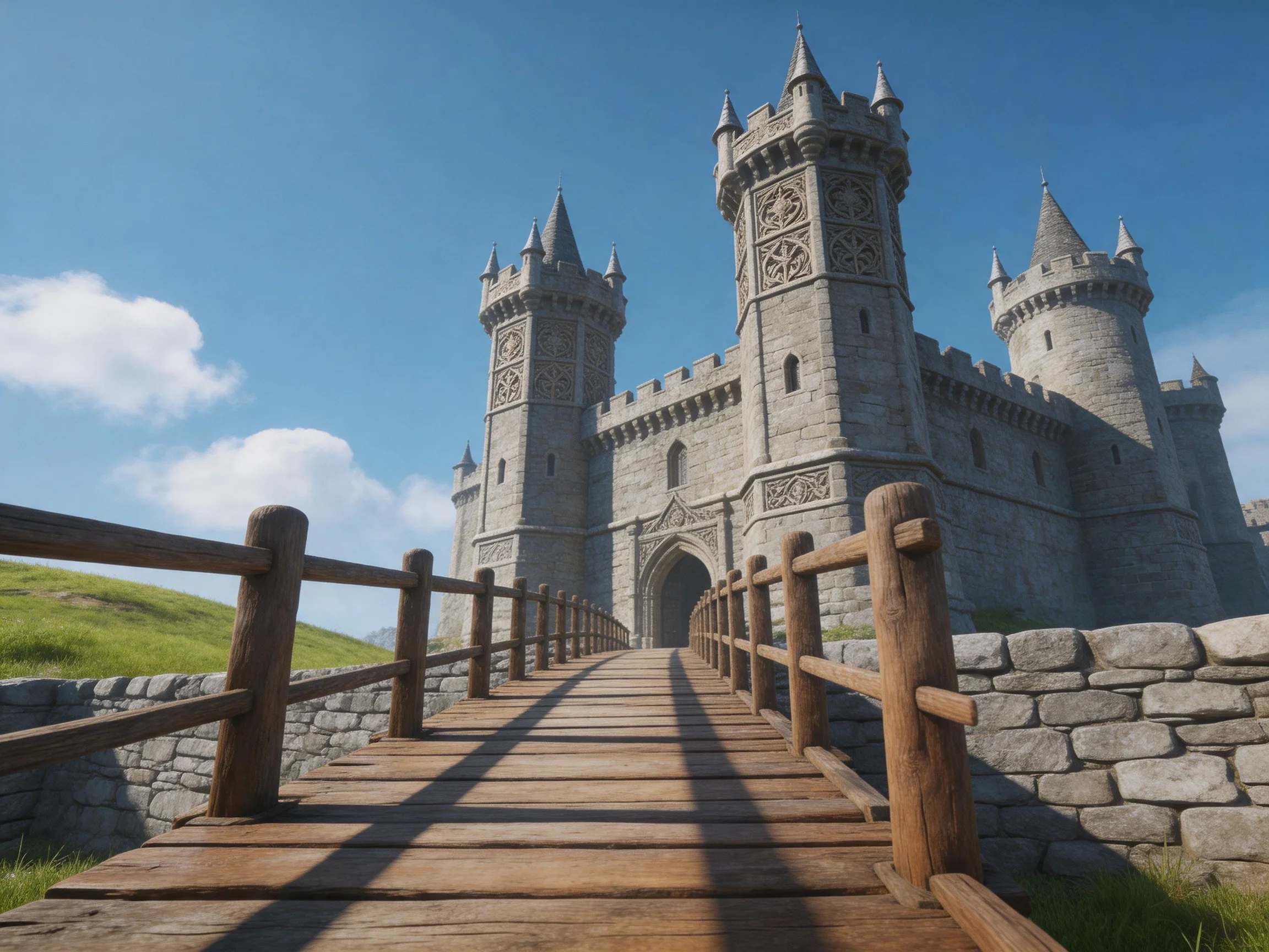 A grand medieval castle with stone towers and wooden bridge