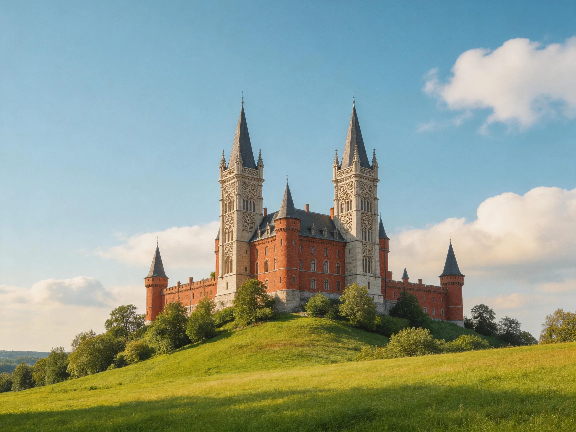 A grand medieval castle with tall spires atop a lush green hill