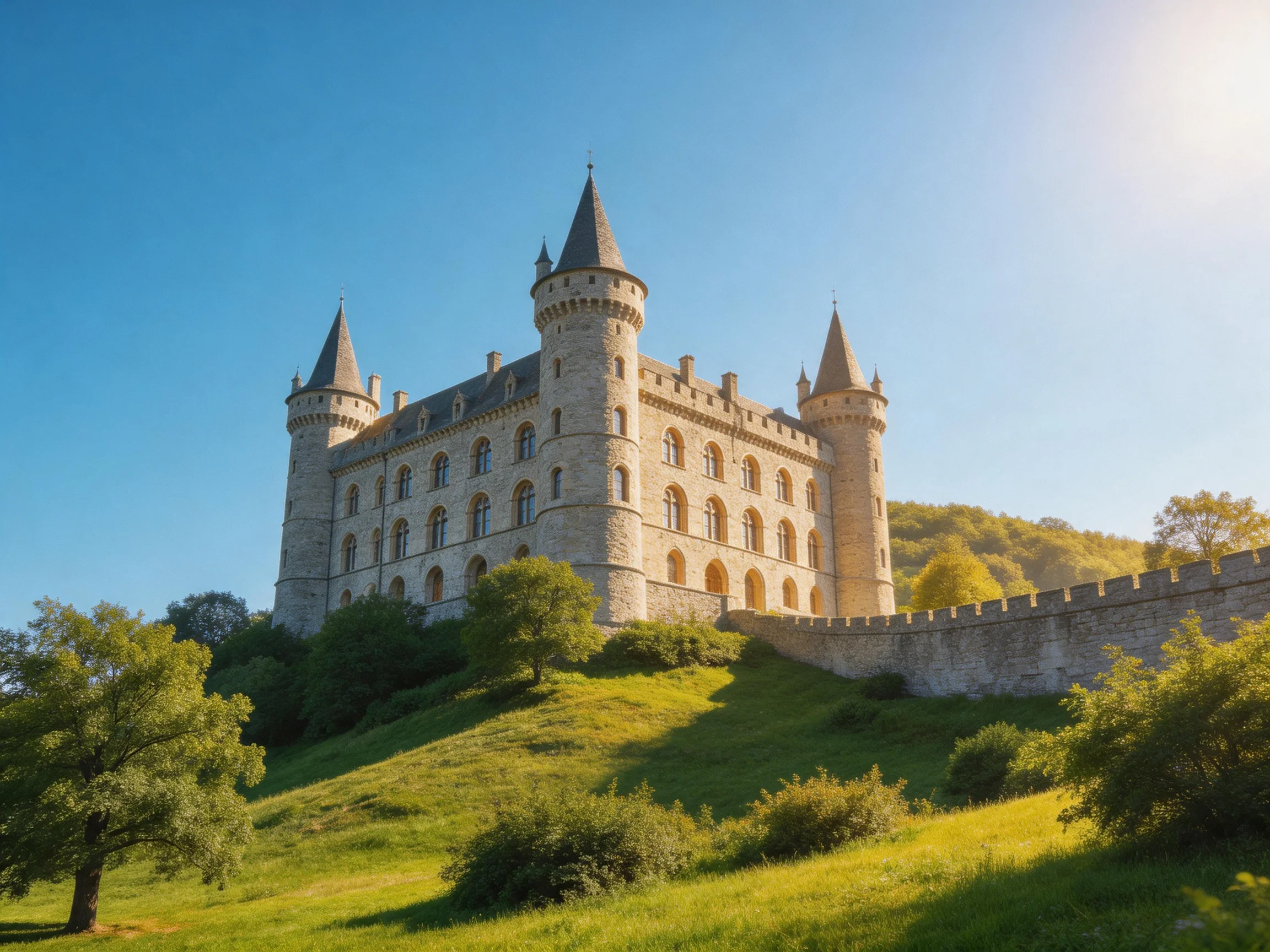 A grand medieval castle with three towers sits on a green hill