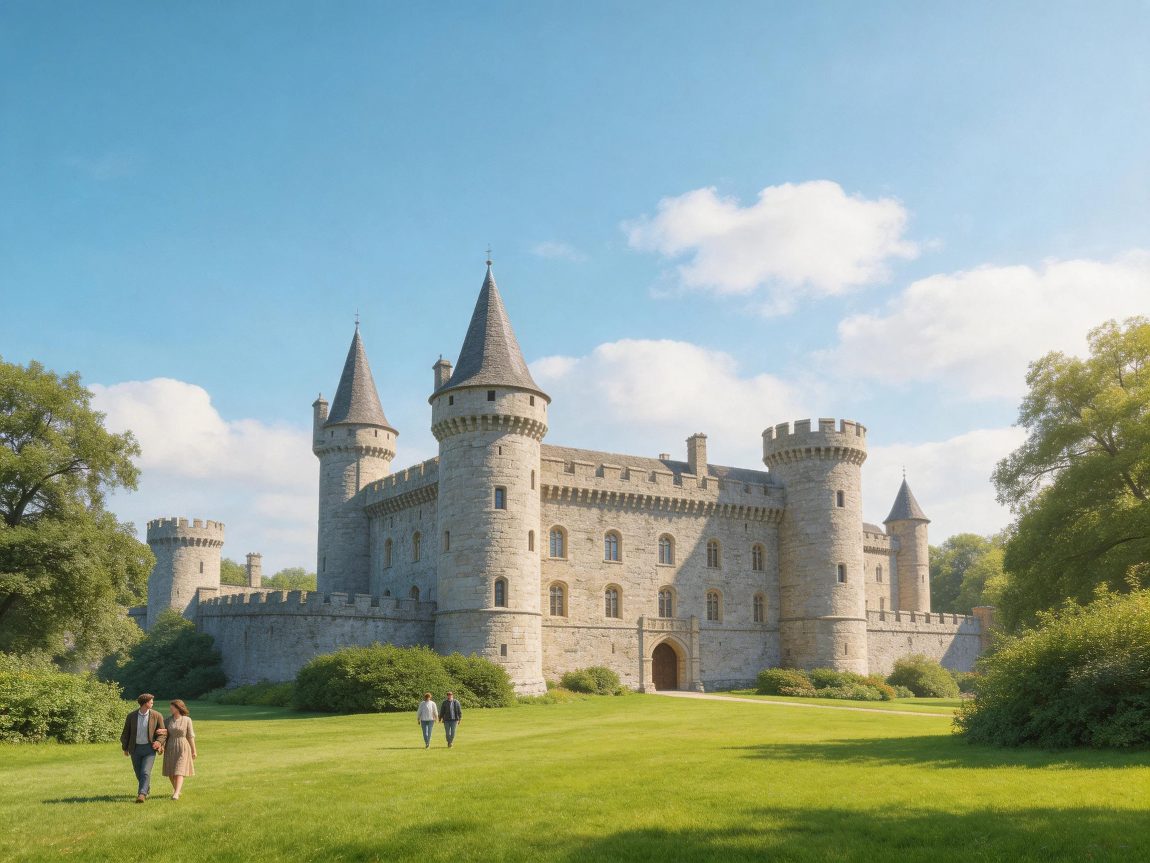 A grand medieval stone castle amidst lush green lawns