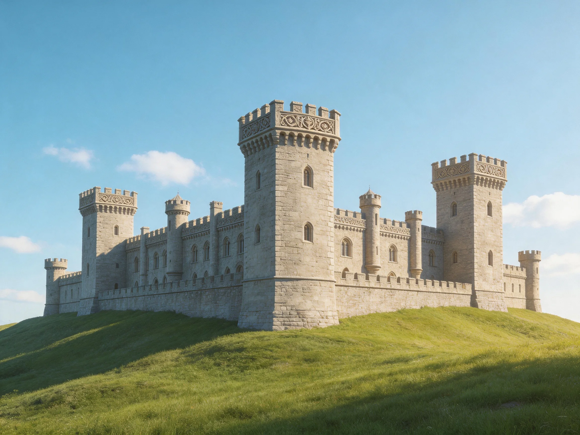 A grand medieval stone castle atop a lush green hill under clear blue sky