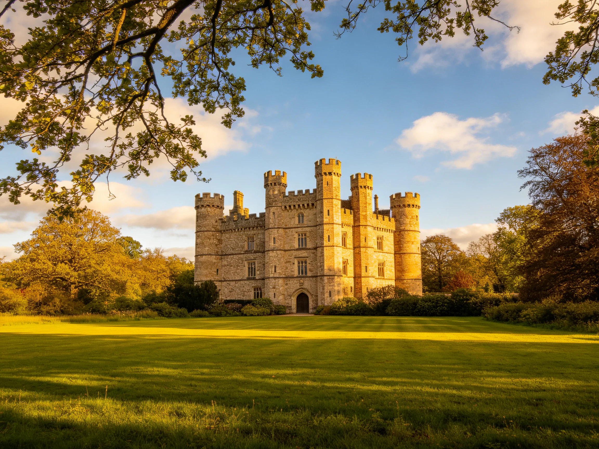 A grand medieval stone castle near green meadows and autumnal trees