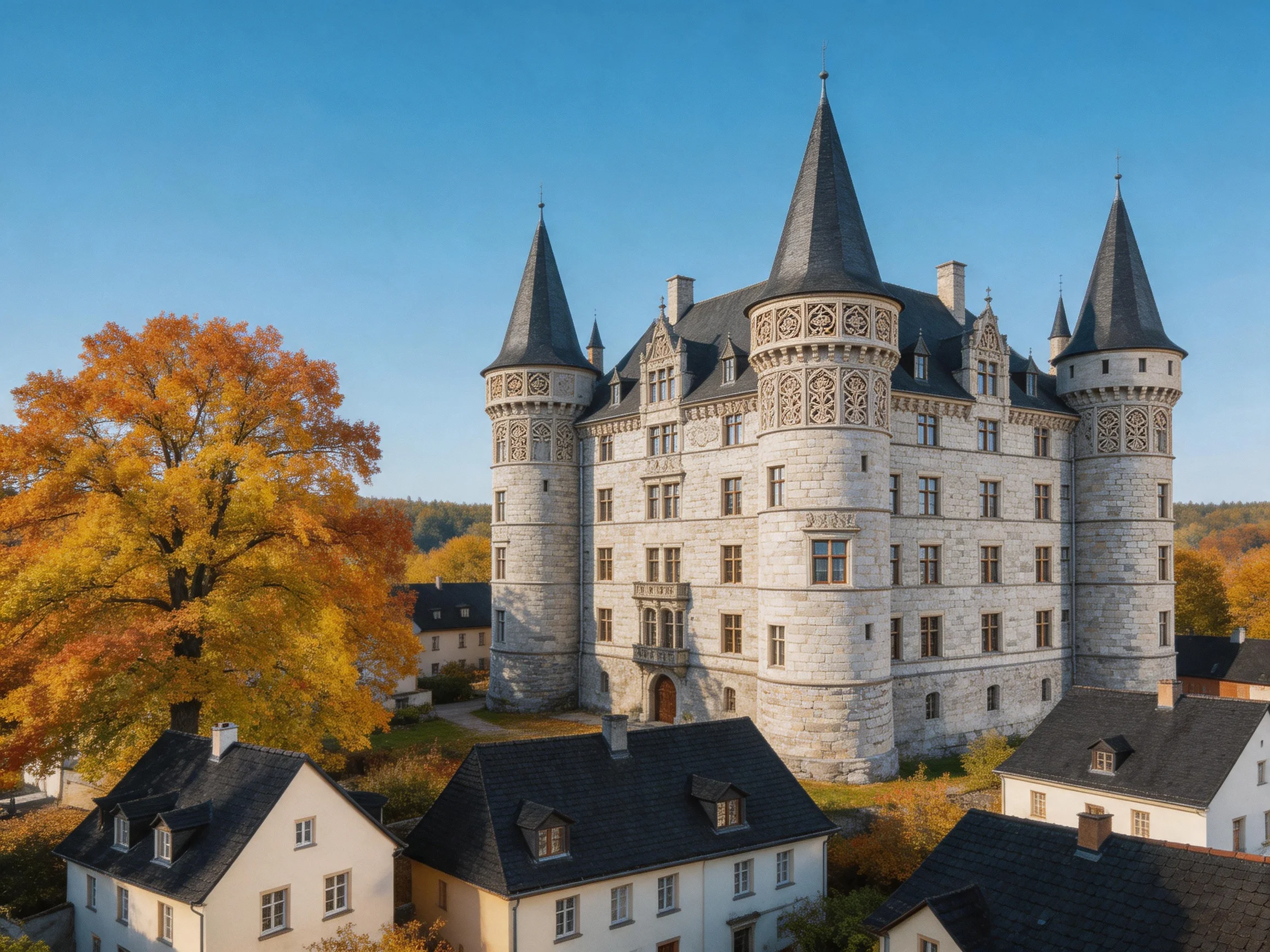 A grand medieval stone castle with four spires near autumn foliage