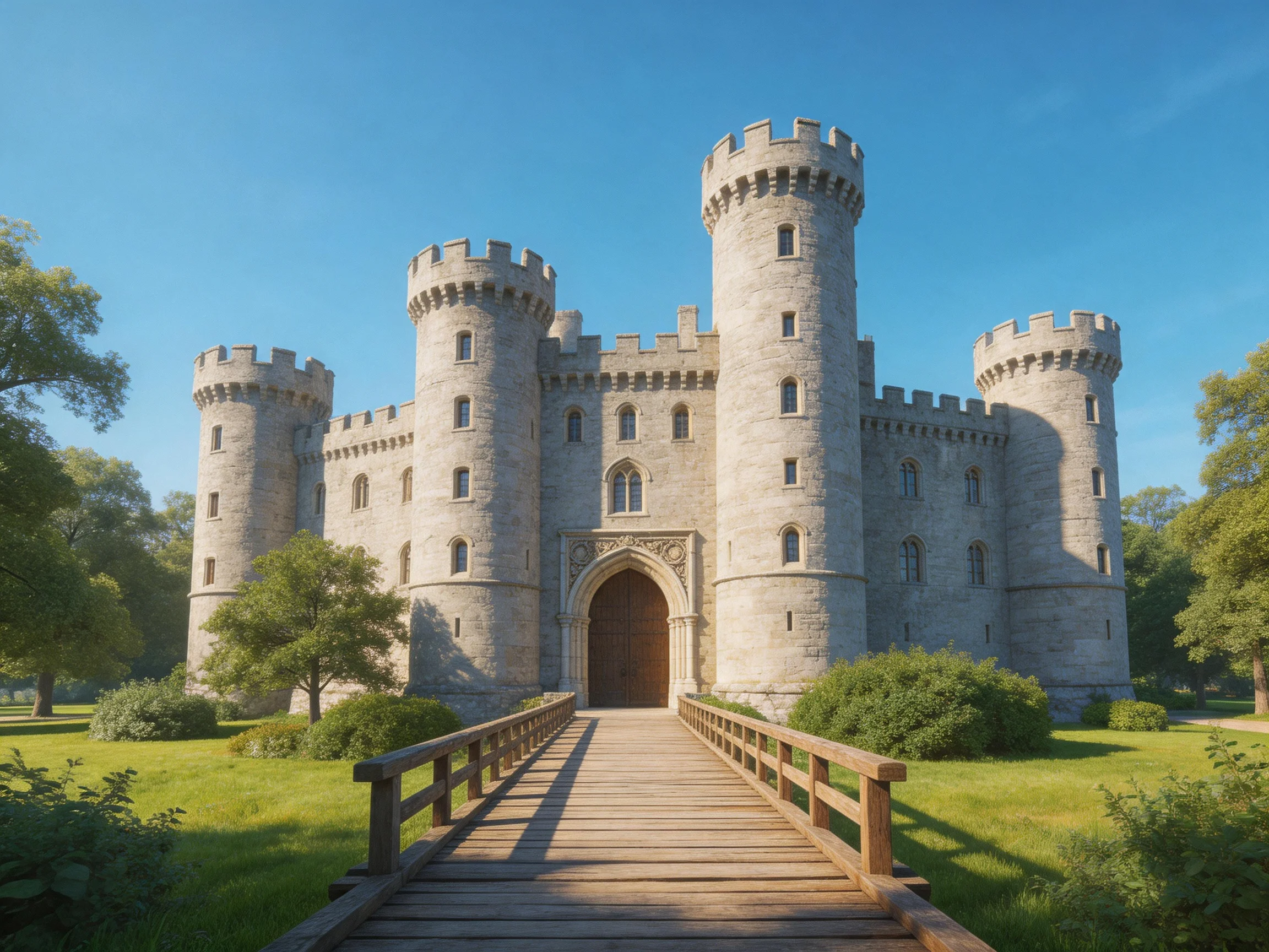 A grand medieval stone castle with four towers near a wooden bridge