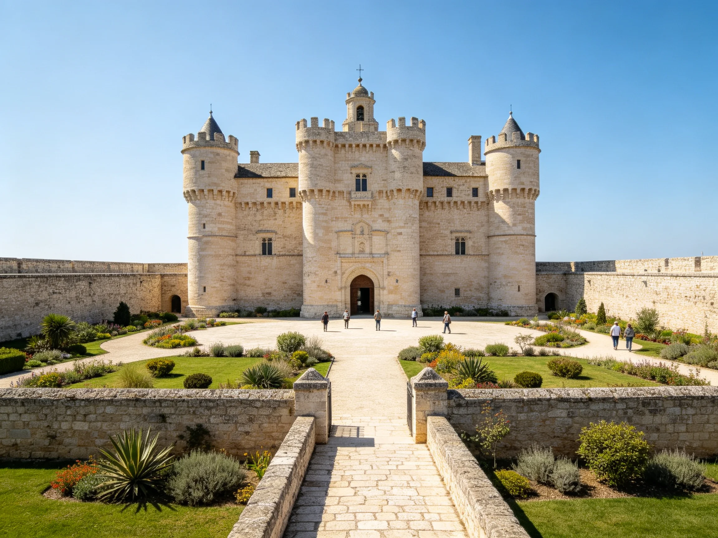 A grand medieval stone castle with manicured gardens under bright blue skies