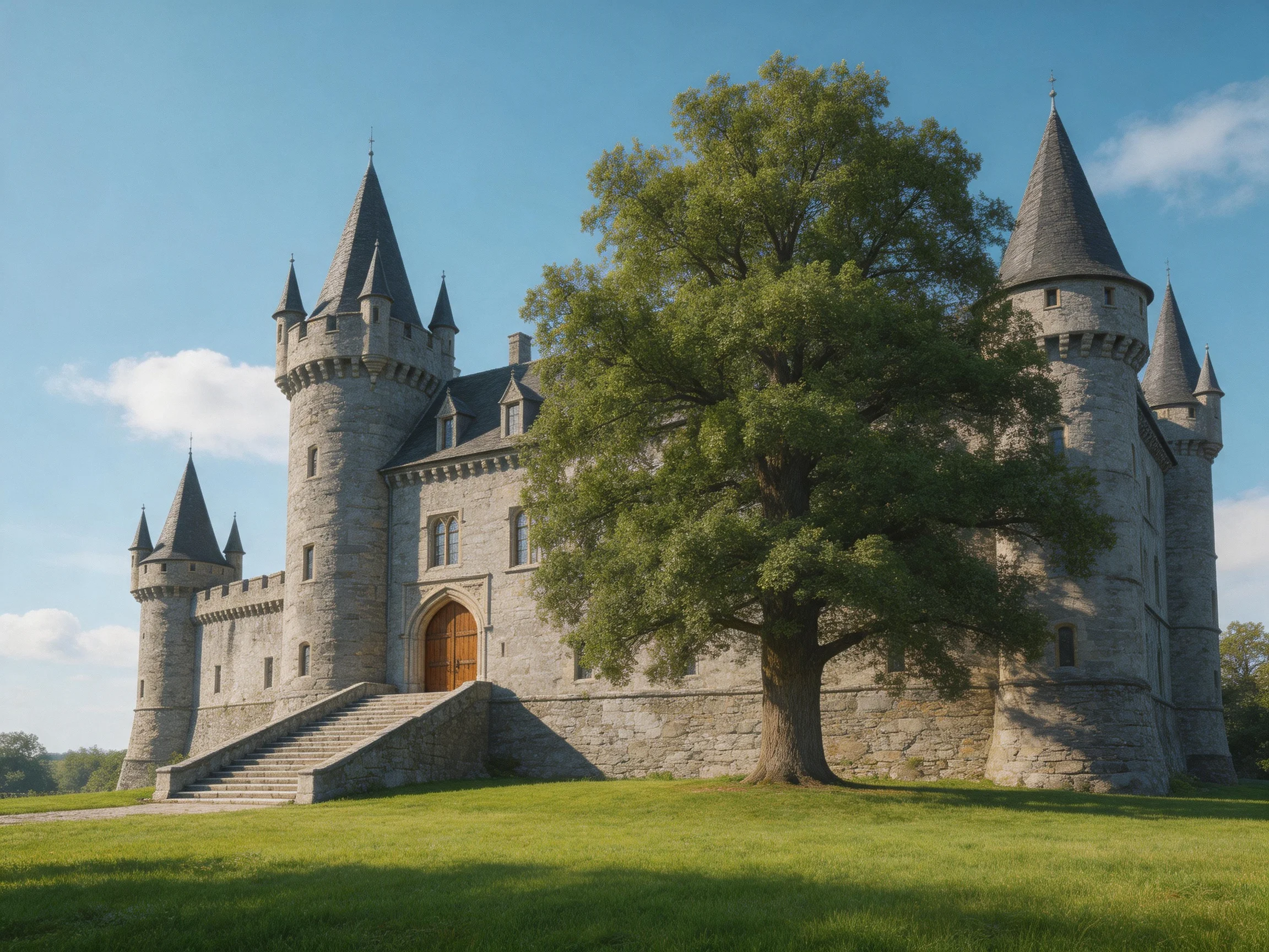 A grand medieval stone castle with multiple towers near a large green oak
