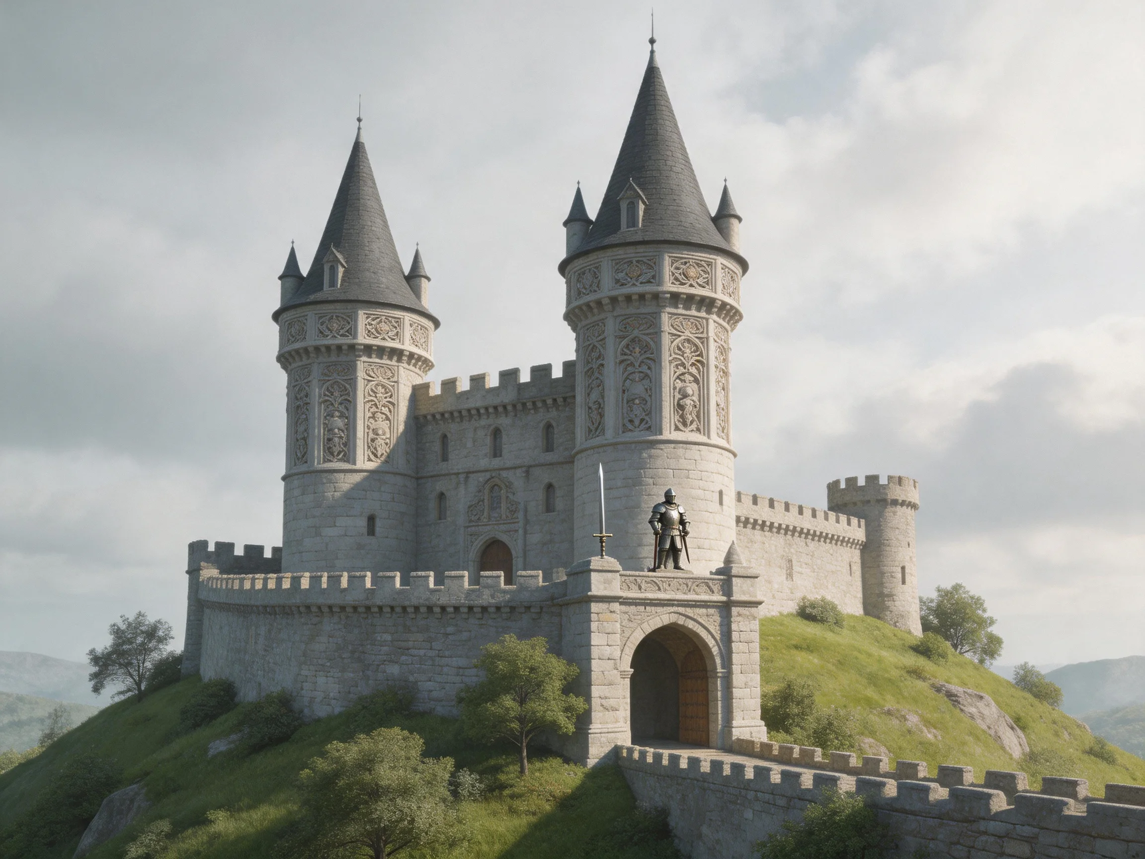 A grand medieval stone castle with tall towers on a lush green hill