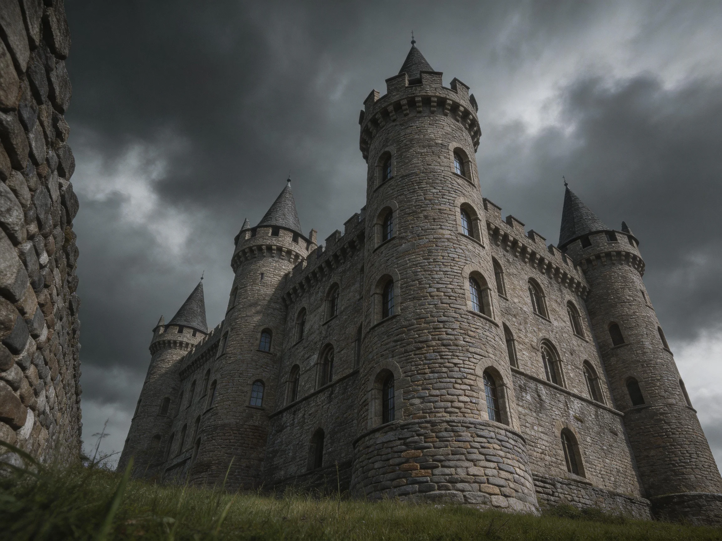 A grand medieval stone castle with towering turrets under stormy skies