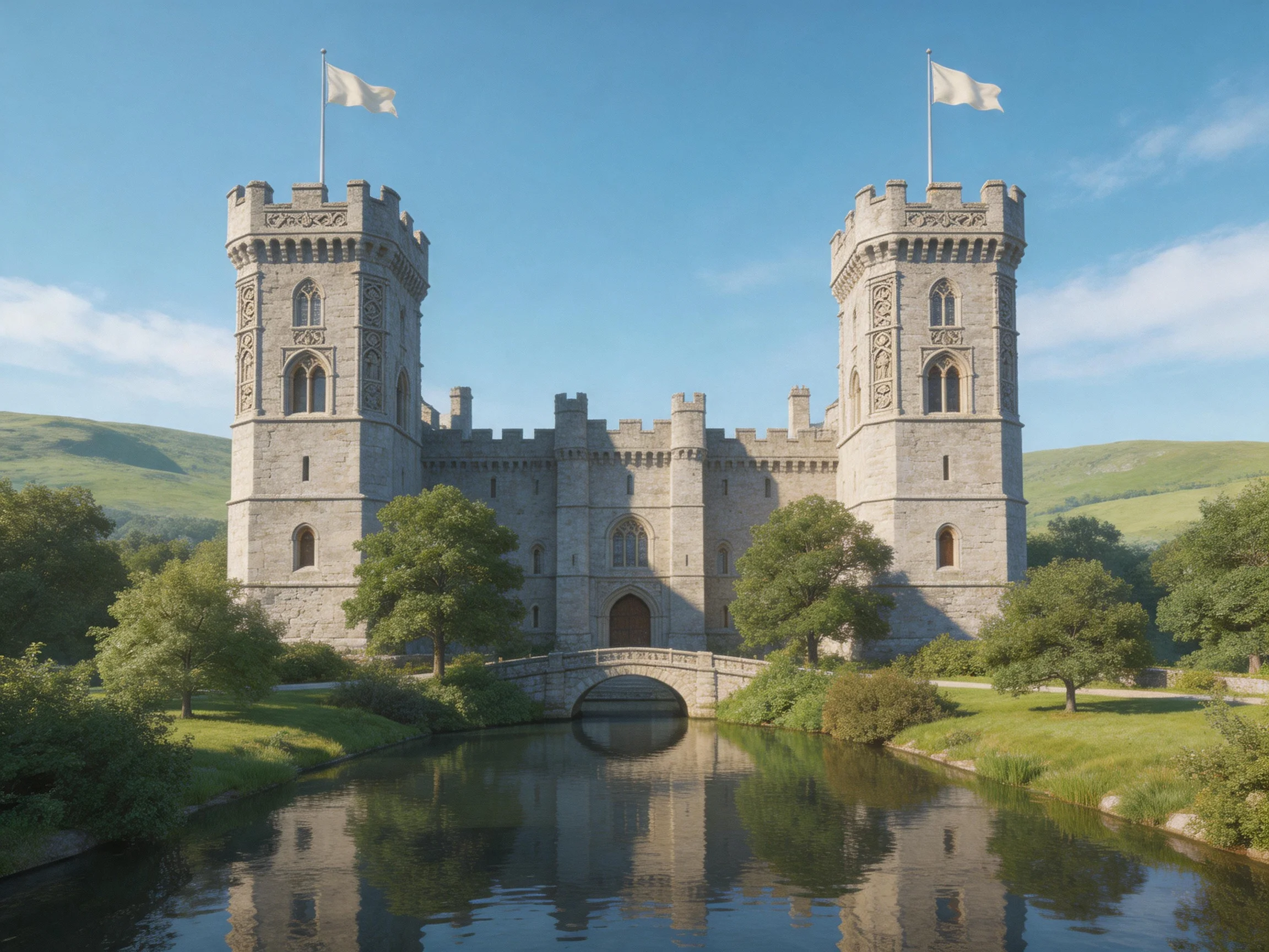 A grand medieval stone castle with twin towers near calm waters