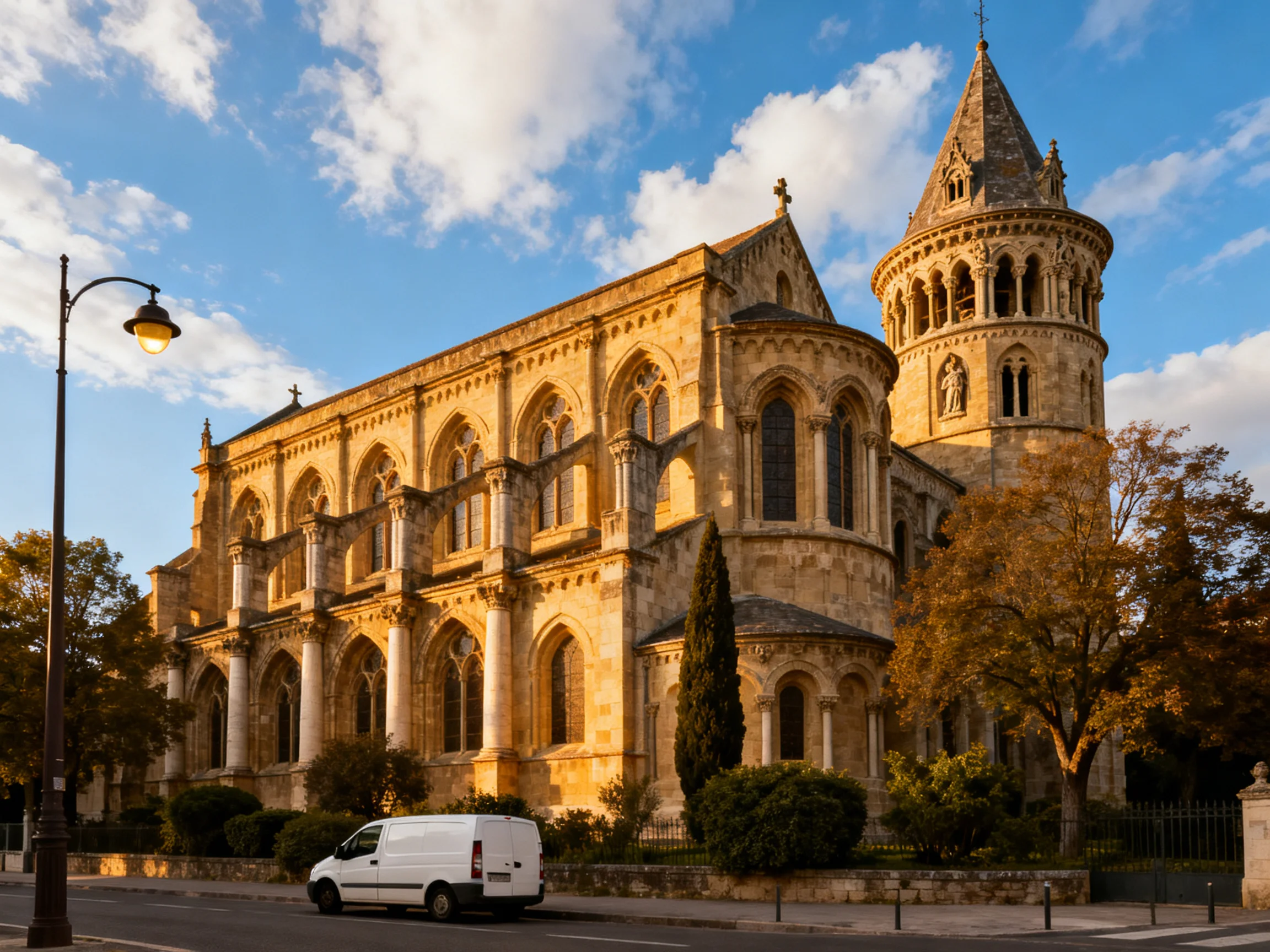 A grand medieval stone cathedral bathed in golden evening light