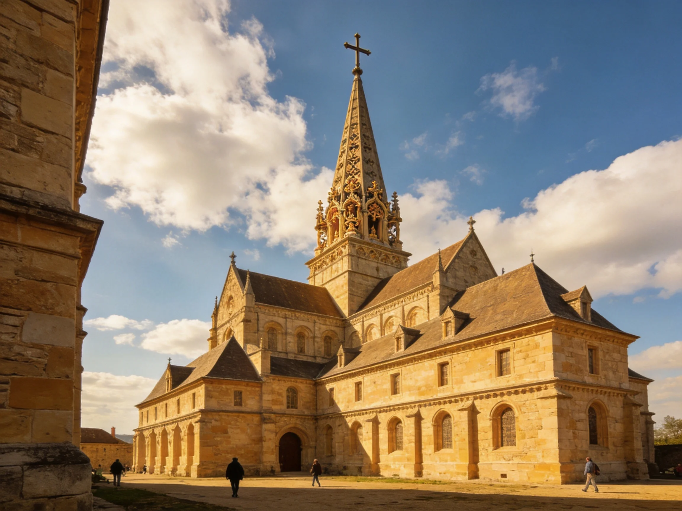 A grand medieval stone church with ornate spire under bright blue sky